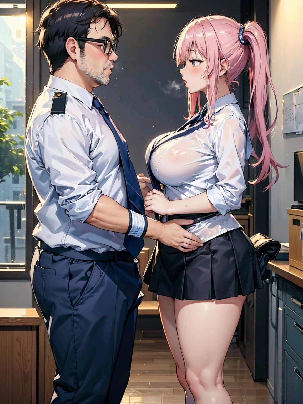 A woman wearing a dark blue cabin attendant&#39;s uniform is having her breasts fondled by a young man in a suit while standing., (povbreastgrab,pov hands,breast grab:1.3)、show off bra, skirt, panties, underwear, (shiny light blue satin panties:1.3), , (shiny light blue satin bra:1.3), embarrassed expression, Thighhighs,garter belt, skirt lift , realistic, Two-dimensional beautiful girl
