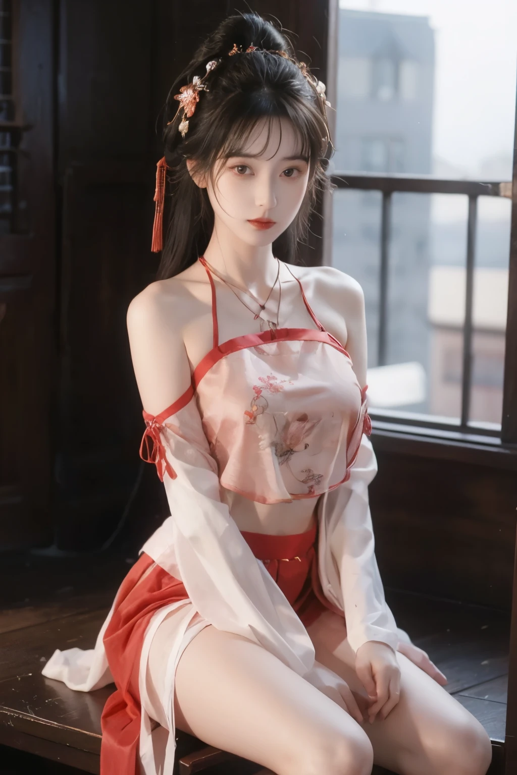 is the best quality, masterpiece, High Aims, 1 girl, Beautiful red Hanfu, Hair ornaments, necklace, ornament, pretty face, When the body, Tyndell effect, Realistic portrait, Dark Studio, Edge lighting, Bicolor Light , (very delicate skin:1.2), 8,000 uhd, digital SLR camera, Soft Light, High quality, Volumetric Lighting, Honest, photo, for higher resolution, 4K, 8,000, Bokeh, dark hair,PINK HAIR TIPS, pink eyes.1 girl, skirt, Hair accessories , red skirt, alone, Chinese clothing , long hair, Sitting, now l polish {x} bare shoulders, window, brown hair, OK, interior, dark hair,