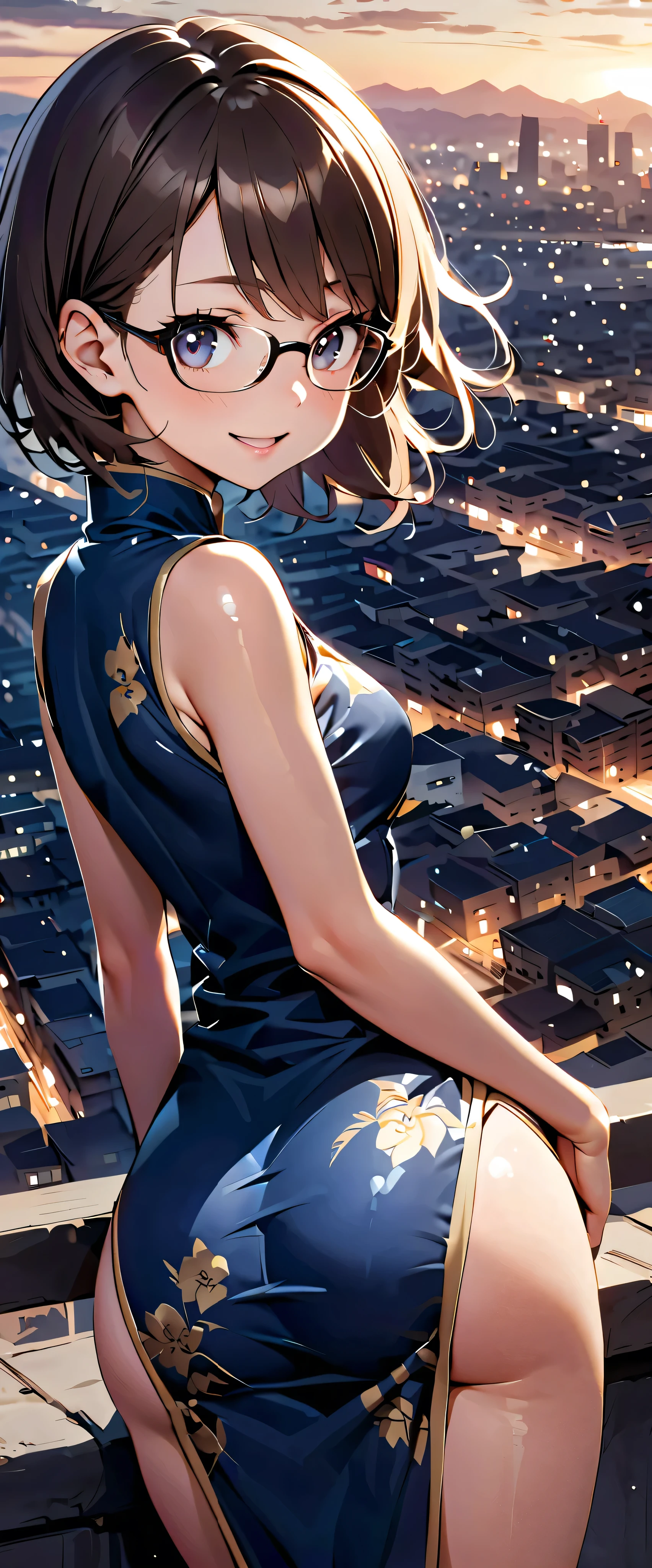 woman,20 years old,city,((shiny china dress))),,open mouth smile(()),、,(( look back ))()Reflecting Buttocks ,glasses
