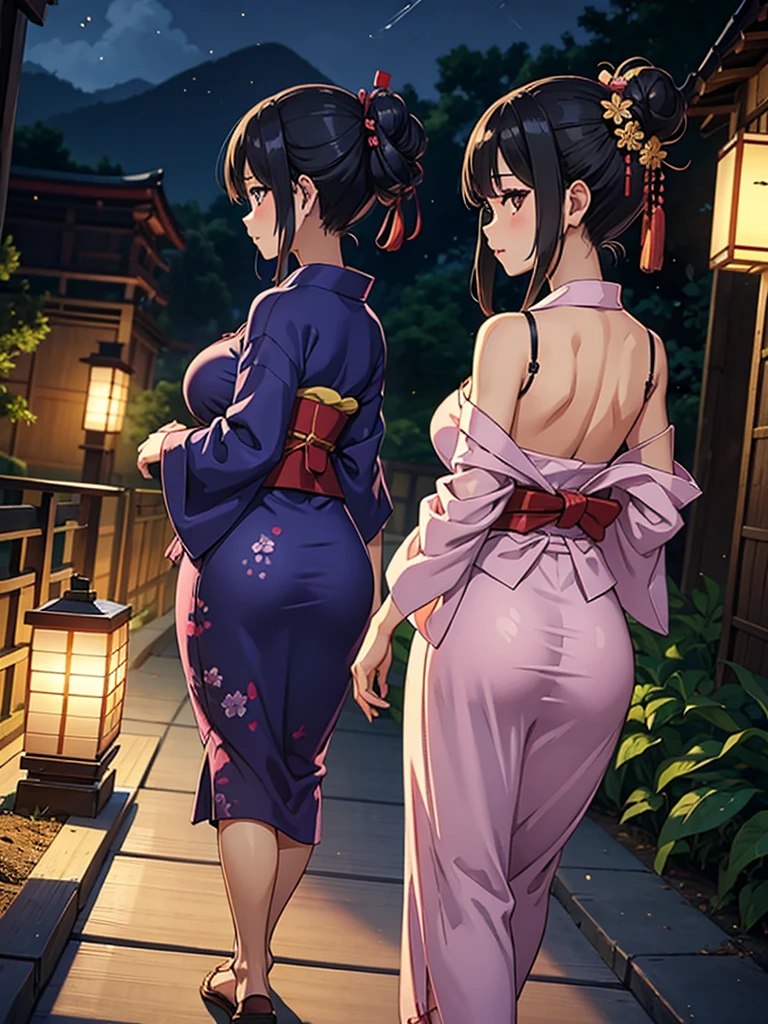 absurd res, high res, (masterpiece:1.4), ultra-detailed, 2girls, from behind, space, floating, snow white kimono, snow white dress, black bra, light black hair, purple eyes, hands out of frame, furry ears, slightly open kimono, cat ears, medium breasts, boobs, purple eyes, kimono falling from shoulders, bare shoulders, bare legs, bare back, bare back dress, round ass, squeezing ass, 1mole under eyes,