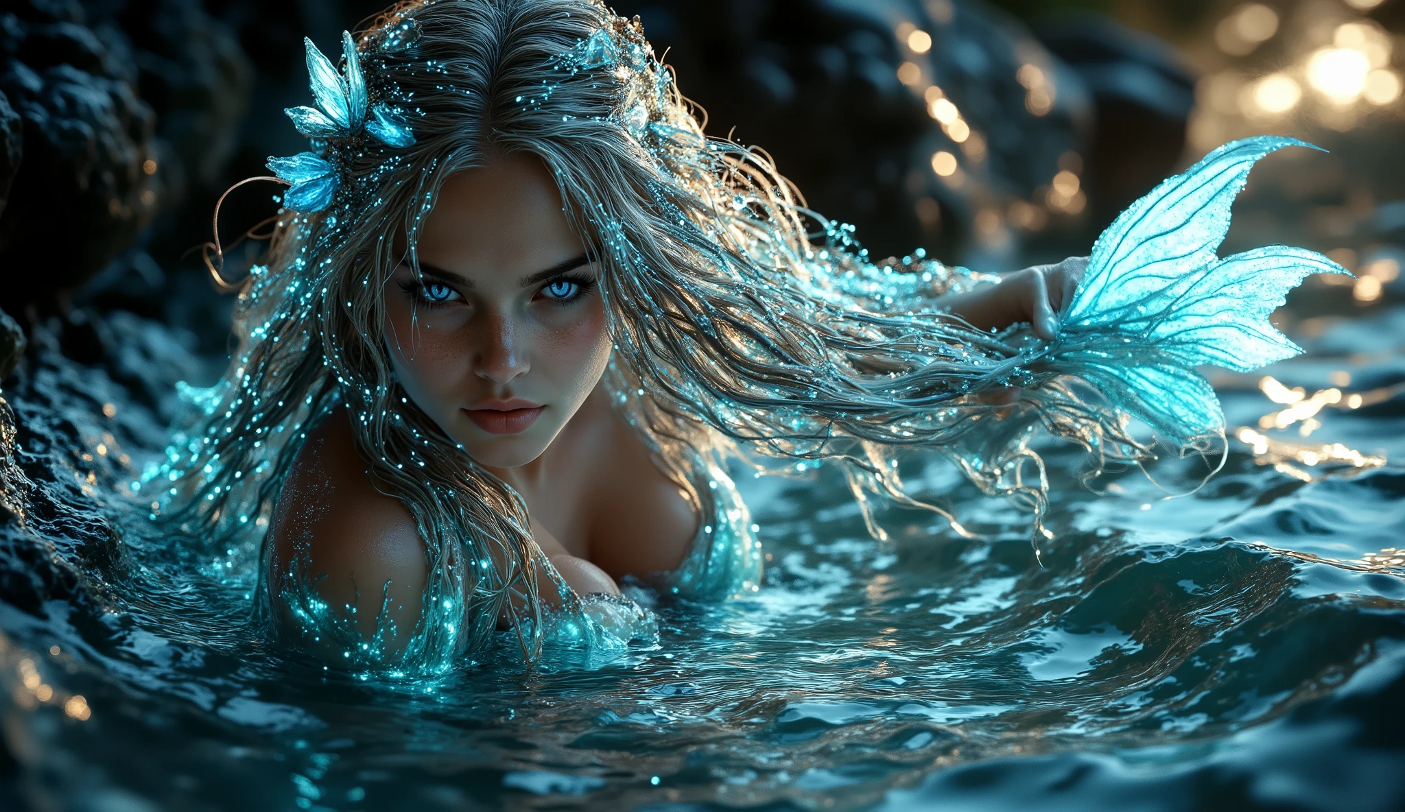 (masterpiece,Distinguished Quality,Mirror-like,Cinematic Experience,insanely detailed,absurdres),8k,full image shot),(3 females),(Emerging from the shimmering, iridescent depths of an enchanted ocean, a mesmerizing siren rises, ,8k,(Emerging from the shimmering, iridescent depths of an enchanted ocean, a mesmerizing siren, luminous, pearlescent skin glistening with dew, long, flowing hair a wild tangle of seaweed and glittering, gemstone-encrusted locks, as her piercing, aquamarine eyes gleam with an otherworldly allure, and her shimmering, crystalline tail glimmers with a soft, ethereal light, beckoning sailors to their doom with a haunting, melodic song that echoes through the mystical, moonlit waves, Imagine the captivating, underwater scene!