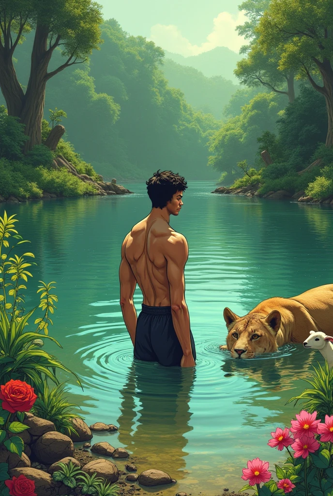 A man was sitting with a tiger a river.