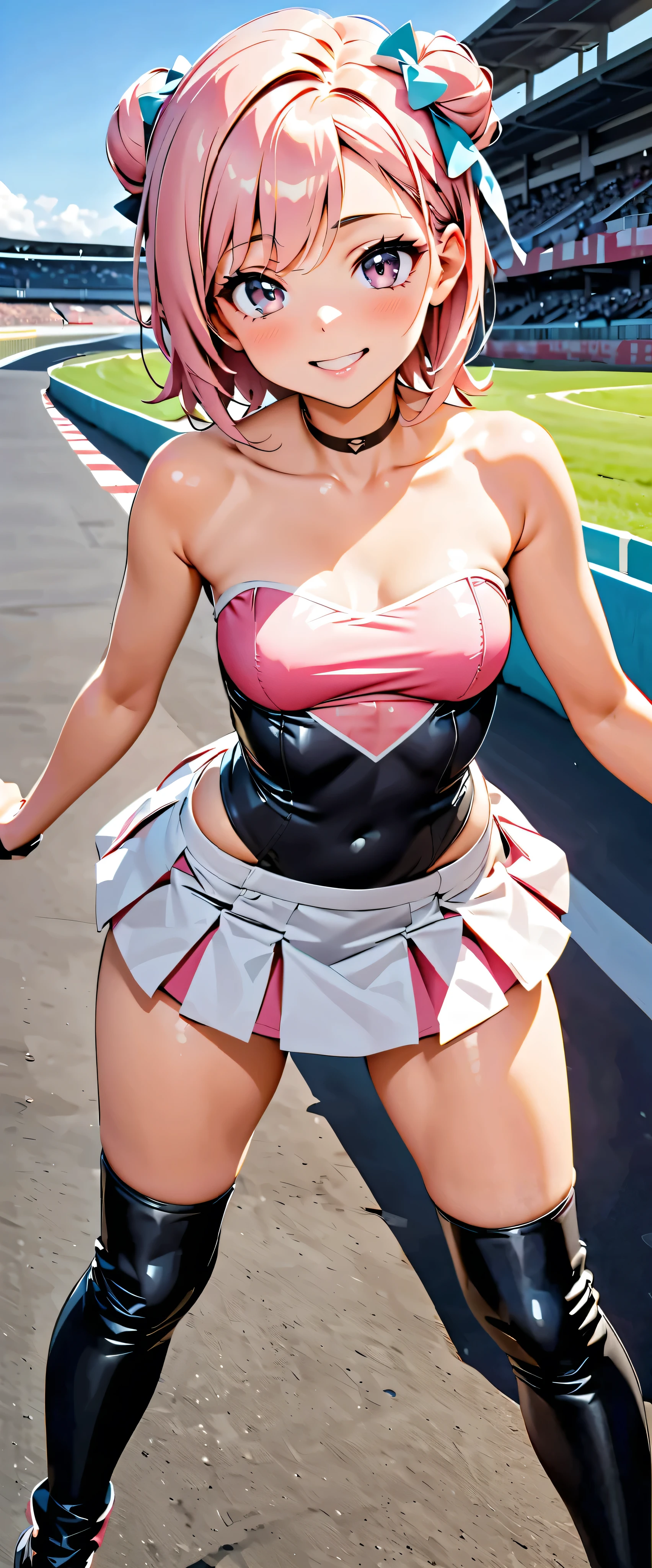 Best Quality, Ultra High Resolution, One person, small breasts, black choker, smile, exposes shoulders, focus only , viewers,Fair skin,Car racing track,photon mapping, physically-based rendering for viewers, RAW photos , very detailed background, K-pop Idol ,depth of field,hair ornaments close to the garden,detailed face, glowing skin, game cg,full body, shiny micro tight miniskirt,shiny micro tube top,shiny knee-high long boots,race queen,Sexy Poses,holding a flag,Gloss Lip,Mizuki