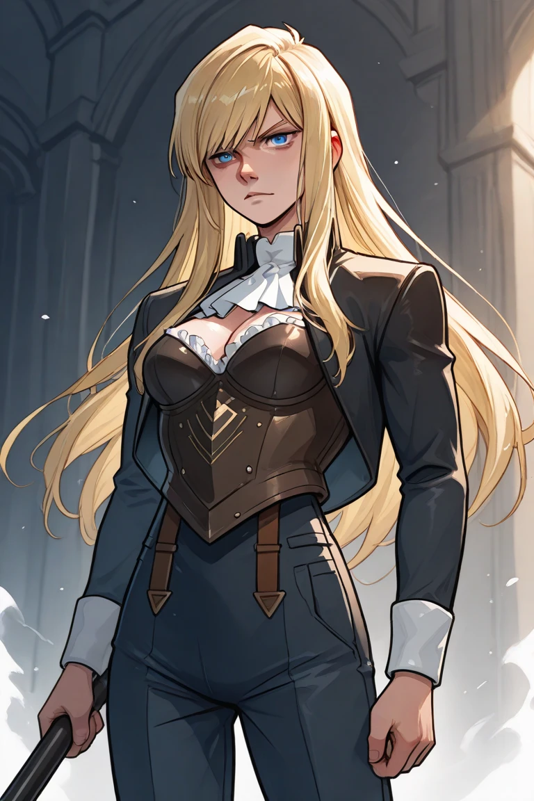 Beautiful 1girl, full body, teenager, solo, (very long waist length blonde hair, straight blonde hair: 1.28), ((light blue eyes)), clear skin, (large darker fox ears: 1.35), pale skin, medium breasts, cleavage, (thin hips, thin waist , athletic body: 1.25),  background, looking away, (revealing clothes, brown leather, cowl, cloak, corset, skirt, long boots, buckles, straps, pouches,  fabric, brown leather: 1.1), walking through a courtyard, masterpiece, best quality,3d rending work ,3DMM style, close-up, portrait, 3D,