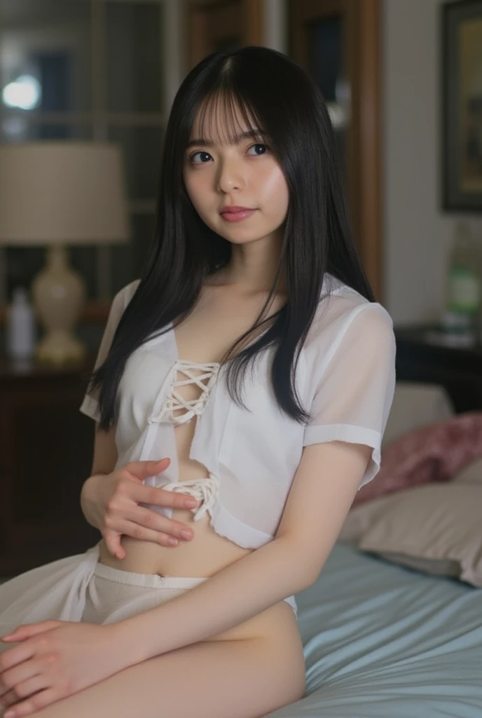 Young Japanese woman with long black hair, white shirt and black skirt sitting on the sofa.,bare belly,snow-white skin,slightly bloated belly ,silhouette of a baby in the belly