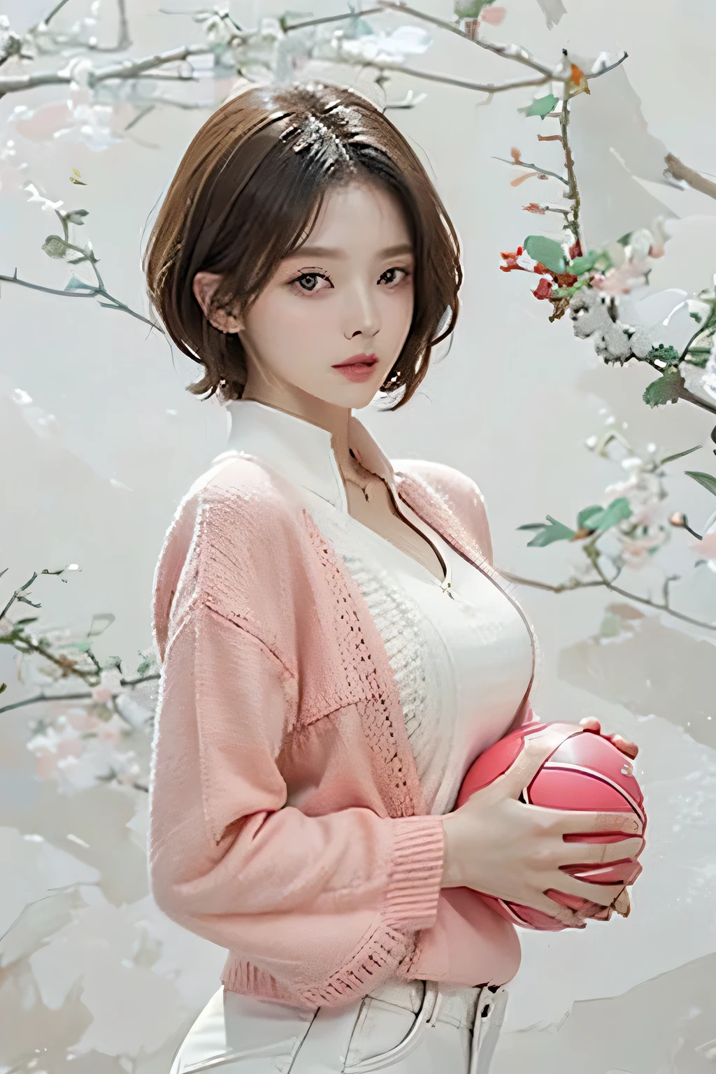 ((Best Quality, 8K, Masterpiece:1.3)), Focus: 1.2, Perfect Body Beauty: 1.4, Buttocks: 1.2, ((Layered Haircut, Breasts: 1.2)), Highly Detailed Face and Skin Texture, Fine Eyes, Double Eyelids, Whitening Skin, (Blonde Hair), (Shut Up: 1.3), black hair color, (short hair), (((holding a ball pink wool))), white clothes, standing, in white background, background of scattered wool threads
