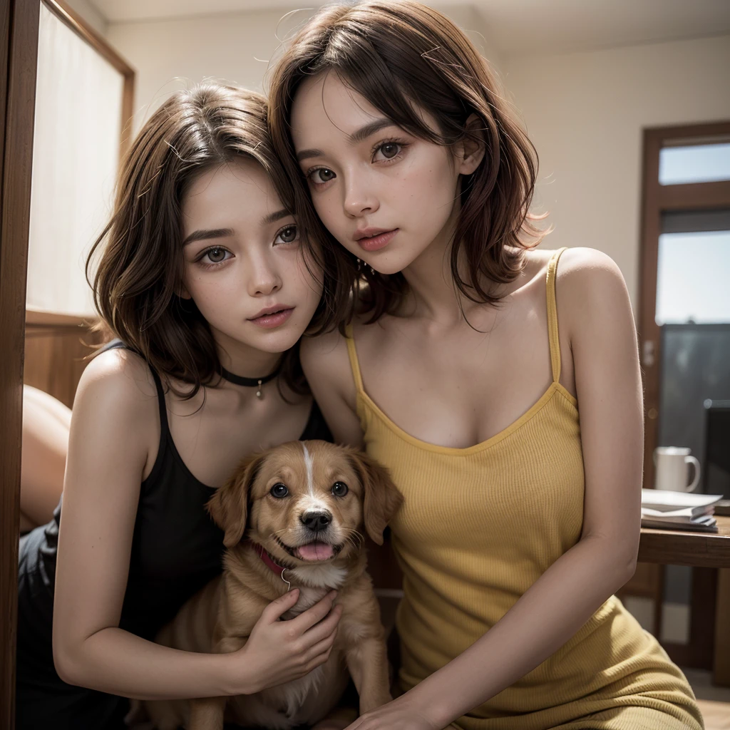masterpiece、high quality、realistic、A 20-year-old beauty hugs a very large brown dog with its tongue sticking out、Completely naked、(naked 1.2)、beautiful breasts、bed、((skin wet with white milk))