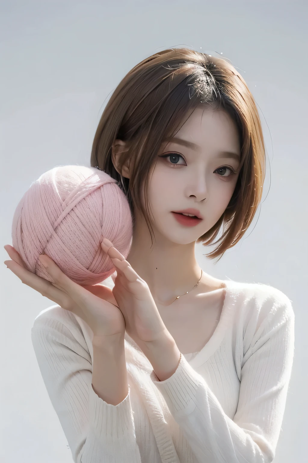 ((Best Quality, 8K, Masterpiece:1.3)), Focus: 1.2, Perfect Body Beauty: 1.4, Buttocks: 1.2, ((Layered Haircut, Breasts: 1.2)), Highly Detailed Face and Skin Texture, Fine Eyes, Double Eyelids, Whitening Skin, (Blonde Hair), (Shut Up: 1.3), black hair color, (short hair), (((holding a ball pink wool))), white clothes, standing, in white background