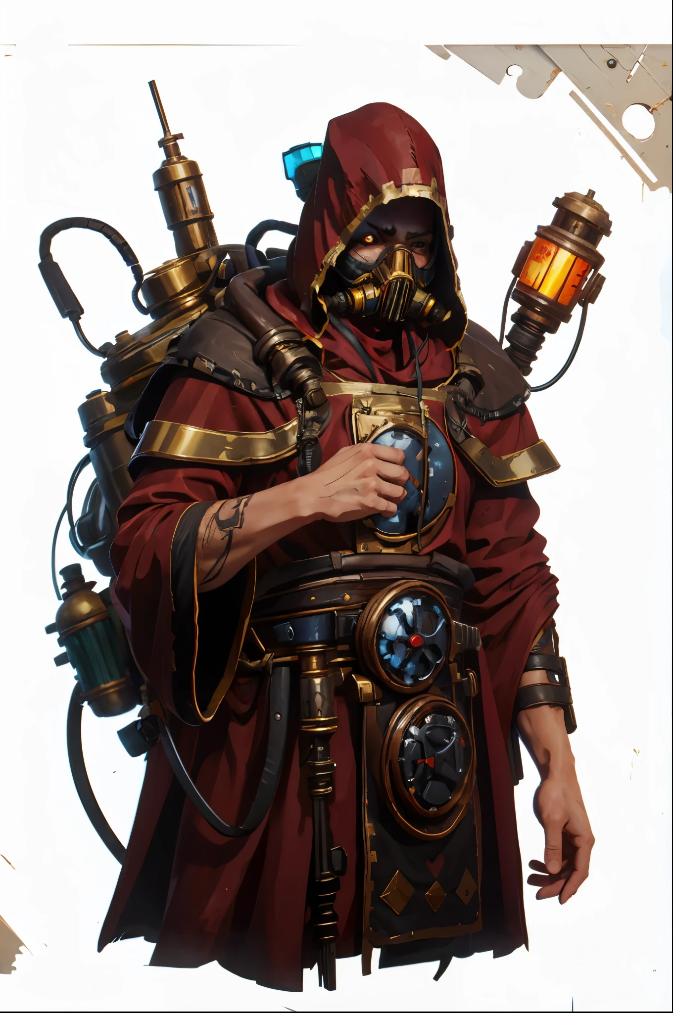 male techpriest in long red robe, gas mask, hood, backpack, mechanical arms, steampunk, hood, robe, techpriest, (upper body portrait), plain white background