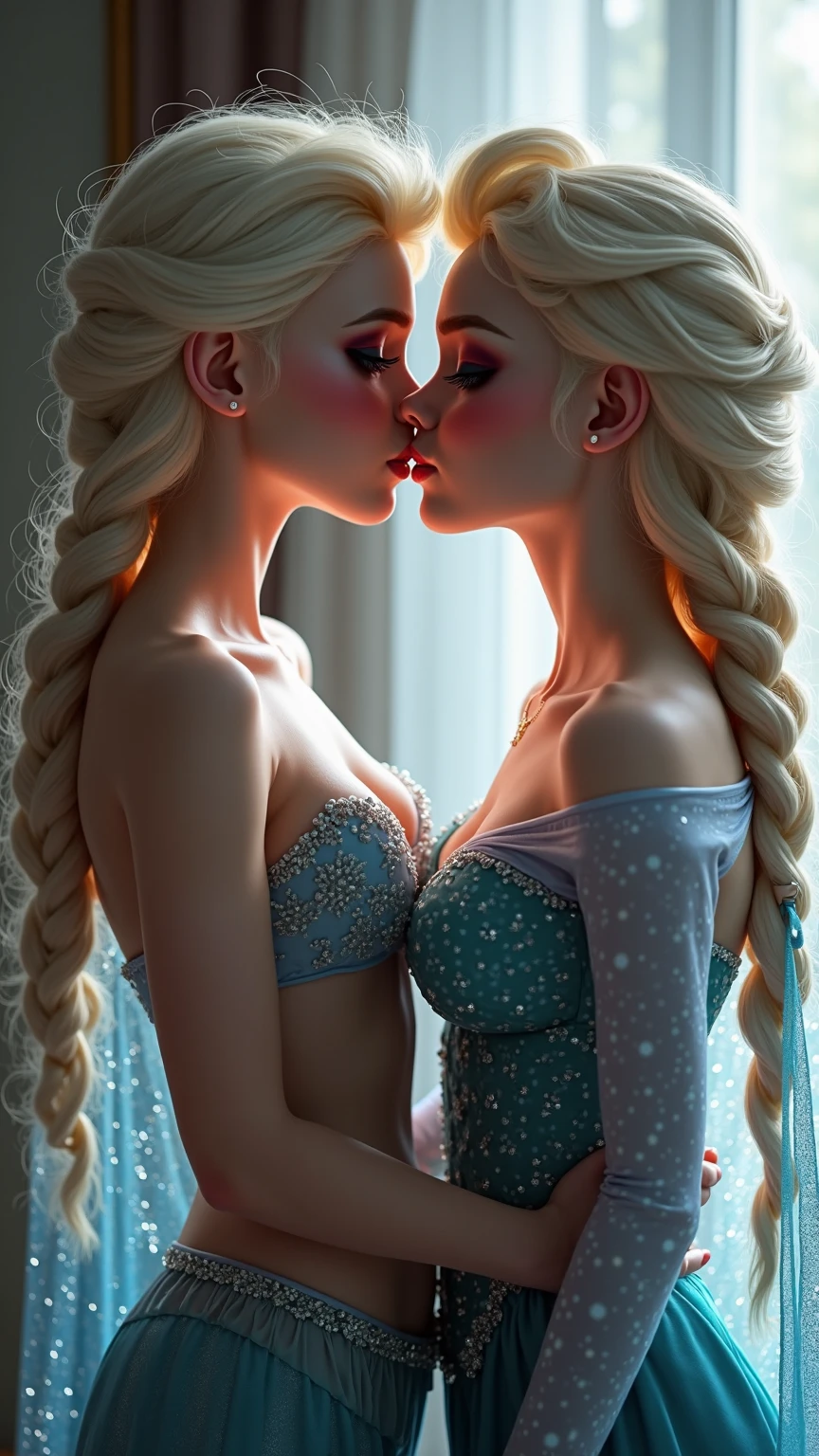 A stunning portrait of Elsa and her sister Anna touching each others breasts, kissing, French kissing, tongues touching, they are kissing, young and beautiful, hyper realistic, real portrait, backlit, exquisite features, cleavage, Elsa is showing her vagina to Anna and asking her to lick her vagina, she is inserting his fingers in her vagina under her skirt, she is fingering her, Elsa is in ecstasy
