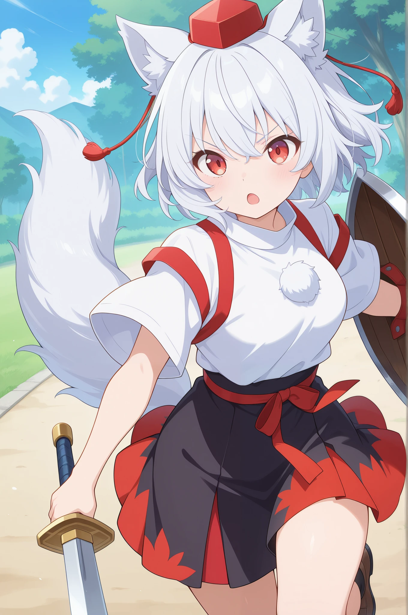 Absard dress that makes your head explode, High Resolution, masterpiece, best quality, great quality, Official Anime Artwork, screen cap, anime screen cap, outdoor, viewers, 真swordな, dynamic pose,
maple Inuwasu , 1 girl, Alone, Red Eyes, white hair, short hair, Wolf ears, Wolf's Tail ,, talkin hat, sleeves are apart , white shirt, black skirt, two tone skirt , sword, shield ,