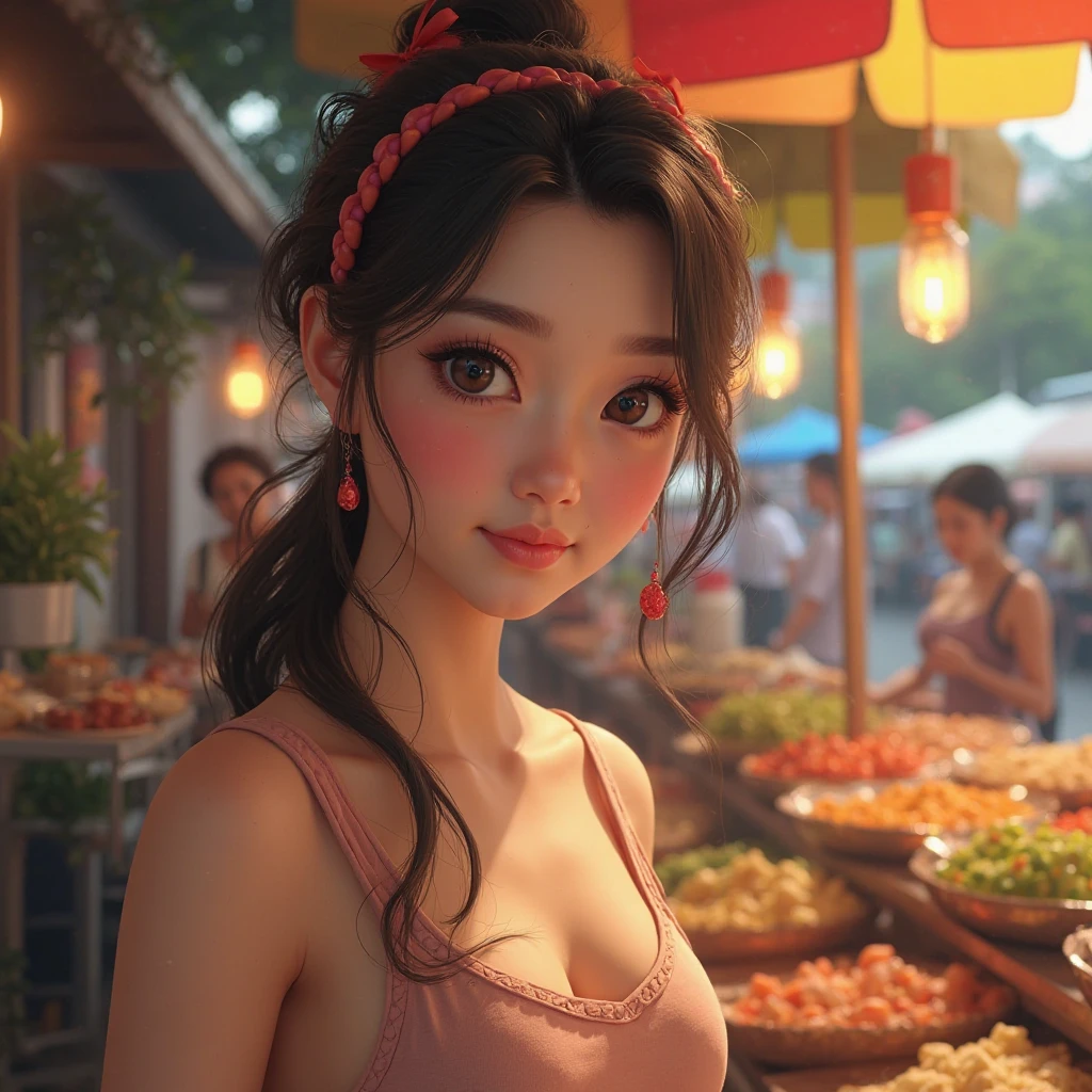 3D anime image, a man is stunned to see a beautiful girl passing him at a fruit market
