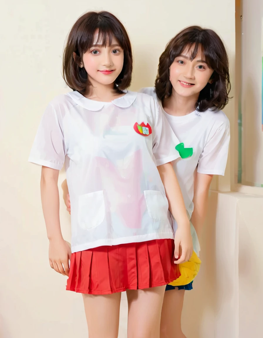 masterpiece , top quality, ( person syndrome, is short, short limbs , short, thin hands and feet, 80cm long , thin shoulders, small head ), ((( 2 girls, Kinderen mates, Kindergartirl, Vung face, No makeup, smile, trimmed thin eyebrows, big eyes, smooth hair, black hair, random hairstyle))), standing side by side, sexy pose , ((1cm long red micro mini skirt)), (( see-through white t-shirt with very thin fabric , shortens the hem of the t-shirt, wearing a t-shirt that's too small, t-shirt small enough to show your belly button )), super huge な胸 , Japanese kindergarten, (女児とは思 super huge , Bust: 150cm, R cup, big breasts from breast augmentation ), Prostitute , 若いProstitute , you're only thinking about erotic things , 無邪気なsmile, Looks almost completely naked, Underboob, string bun, Underboob, very gigantic breasts, Black Overknee Tights , no bra , covered elect puffy nipples