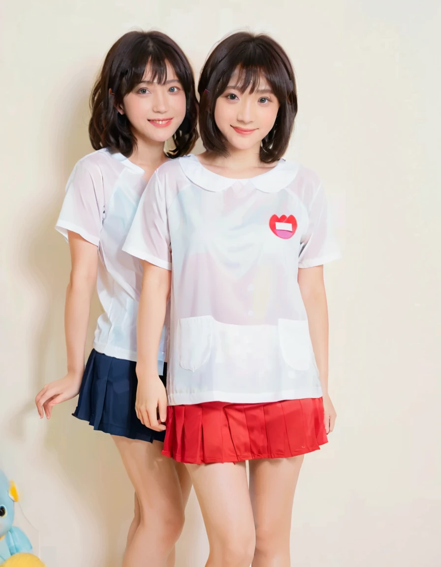masterpiece , top quality, ( person syndrome, is short, short limbs , short, thin hands and feet, 80cm long , thin shoulders, small head ), ((( 2 girls, Kinderen mates, Kindergartirl, Vung face, No makeup, smile, trimmed thin eyebrows, big eyes, smooth hair, black hair, random hairstyle))), standing side by side, sexy pose , ((1cm long red micro mini skirt)), (( see-through white t-shirt with very thin fabric , shortens the hem of the t-shirt, wearing a t-shirt that's too small, t-shirt small enough to show your belly button )), super huge な胸 , Japanese kindergarten, (女児とは思 super huge , Bust: 150cm, R cup, big breasts from breast augmentation ), Prostitute , 若いProstitute , you're only thinking about erotic things , 無邪気なsmile, Looks almost completely naked, Underboob, string bun, Underboob, very gigantic breasts, Black Overknee Tights , no bra , covered elect puffy nipples