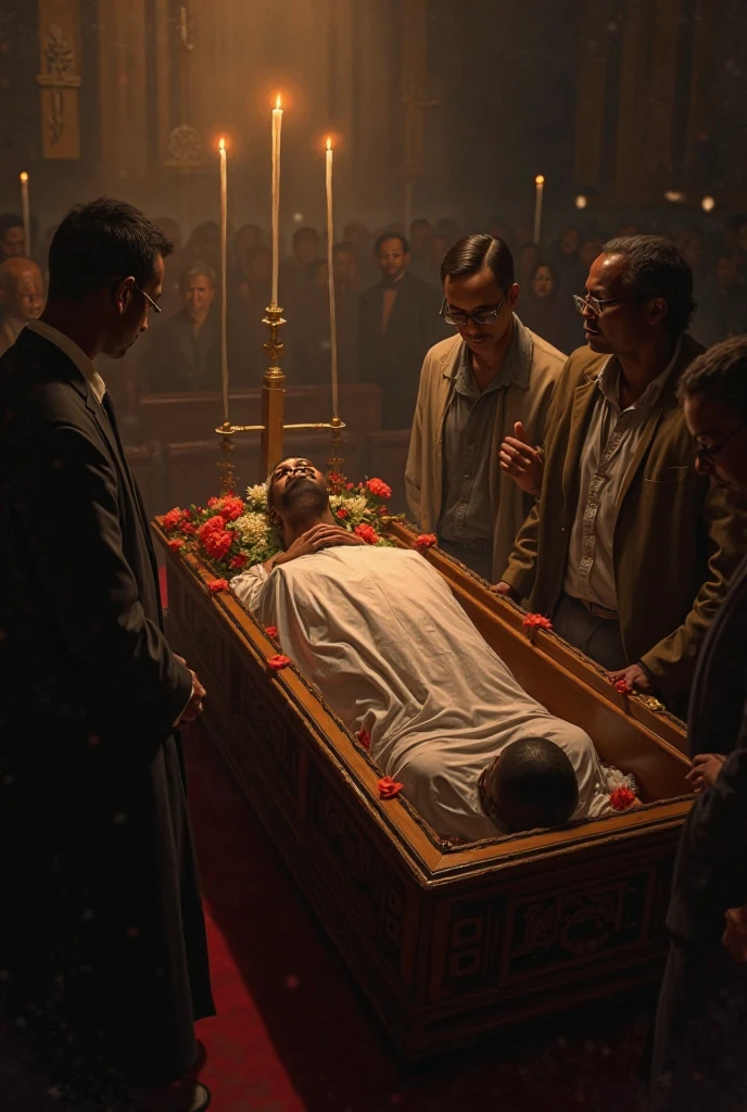 Para criar uma imagem realista de uma pessoa com depressão se levantando de seu caixão durante um velório, com as pessoas ao redor reagindo assustadas e chorando, use o seguinte prompt:
```json
{
"prompt": "A realistic image of a funeral scene. A person, who appears pale and gaunt, with dark circles under their eyes, is rising from their coffin in the middle of the funeral. The atmosphere is tense, with mourners around them, some crying in shock and fear, while others look terrified. The funeral setting is dimly lit, with flowers, candles, and a priest in the background. The overall mood is eerie and somber, capturing the unexpected and unsettling moment of someone coming back to life in the middle of their own funeral.",
"size": "1024x1024"