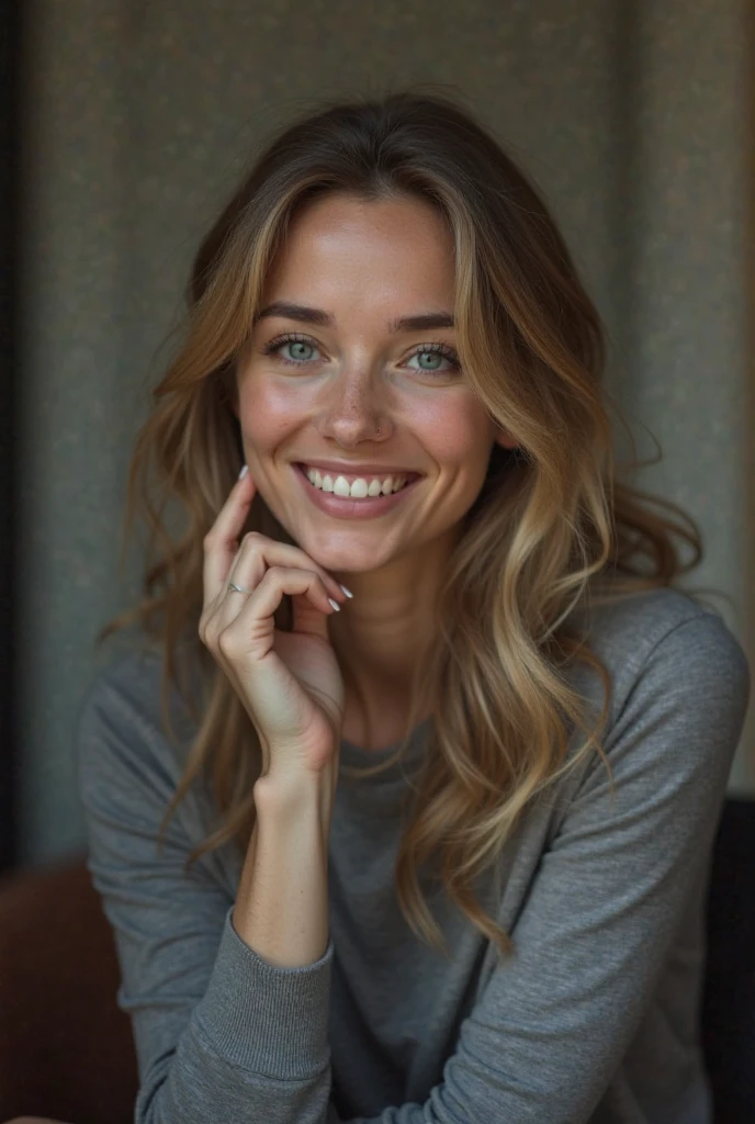 Woman, blonde, eyes browns, longye hair, kor: age 25. sitting on the couch smiling and wearing a black t-shirt and a white skirt. I need the blouse to have a neckline, is that the model has giant breasts. I need the profile picture(muka)
