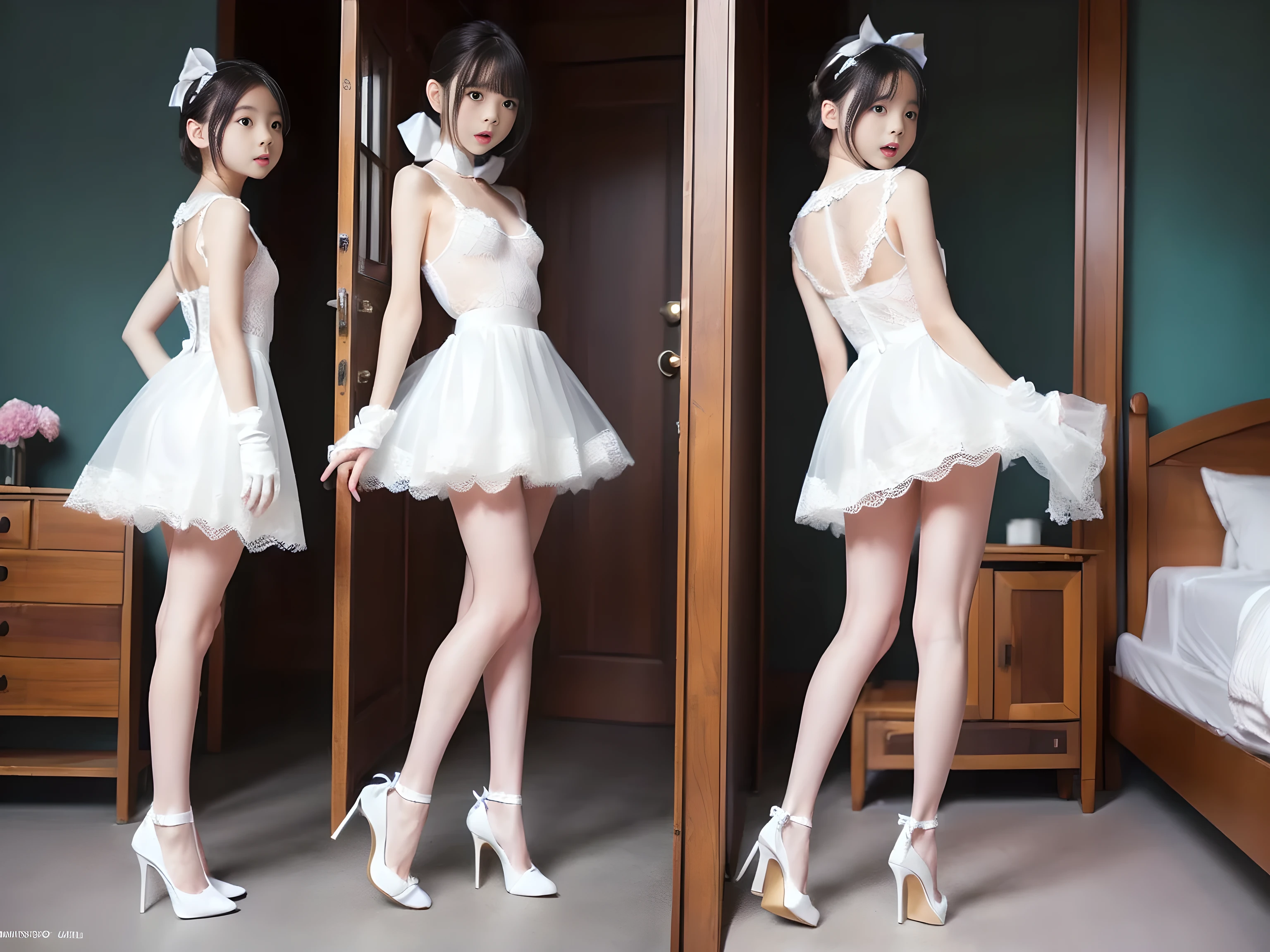 (((Full body portrait:1.5))),(standing at attention),( girls standing in a neat line without moving),(very cute petite Japanese gs with a slender body and a baby face),(Short st skinny body),(short limbs),(extremely cute girls),(very short pure white sweater),(small breasts:1.5),(thin thighs),(hands behind back),(Frightened face),(open mouth vertically),(drunk),(Voyeur from the side),(facing forward),white hair ribbon,white lace gloves,white stiletto heels,own home,Ultra high definition,Highest quality,high resolution,Extremely detailed depiction,super detailed skin