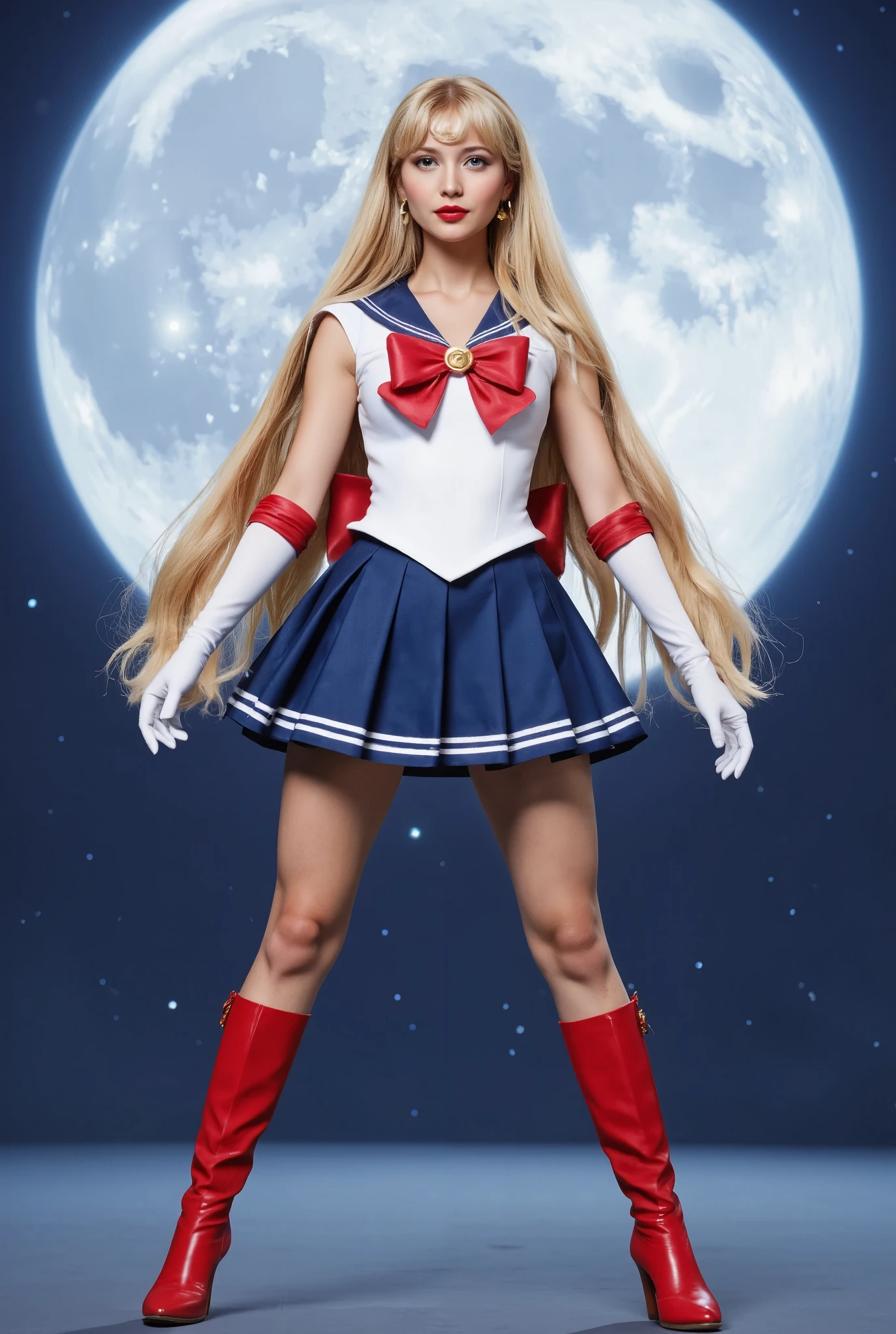 Create an image of a beautiful 20-year-old girl with fair skin and long straight blonde hair styled in twin tails. She is wearing a Sailor Moon costume and striking a pose while standing. The background features a large, full moon that fills the entire screen.