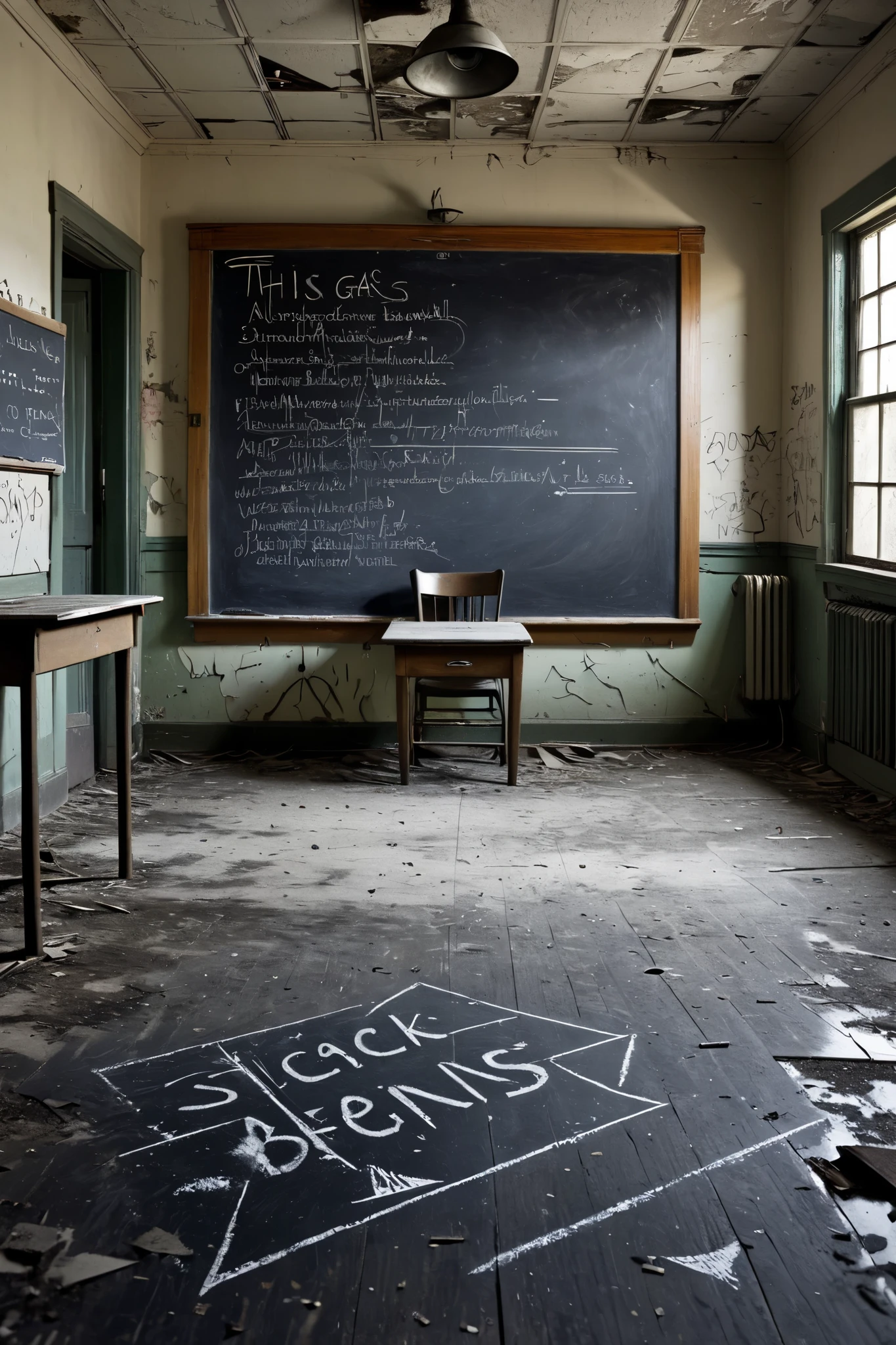 It is the middle of the night, a gray miasma, in an empty, abandoned science classroom in an abandoned school in rural 19th century America. A downward arrow is drawn on a tilted blackboard, and the following words are scrawled in punched-out letters: “This is where it all begins...” Black gas swirls on the floor of the arrow drawn on the blackboard.