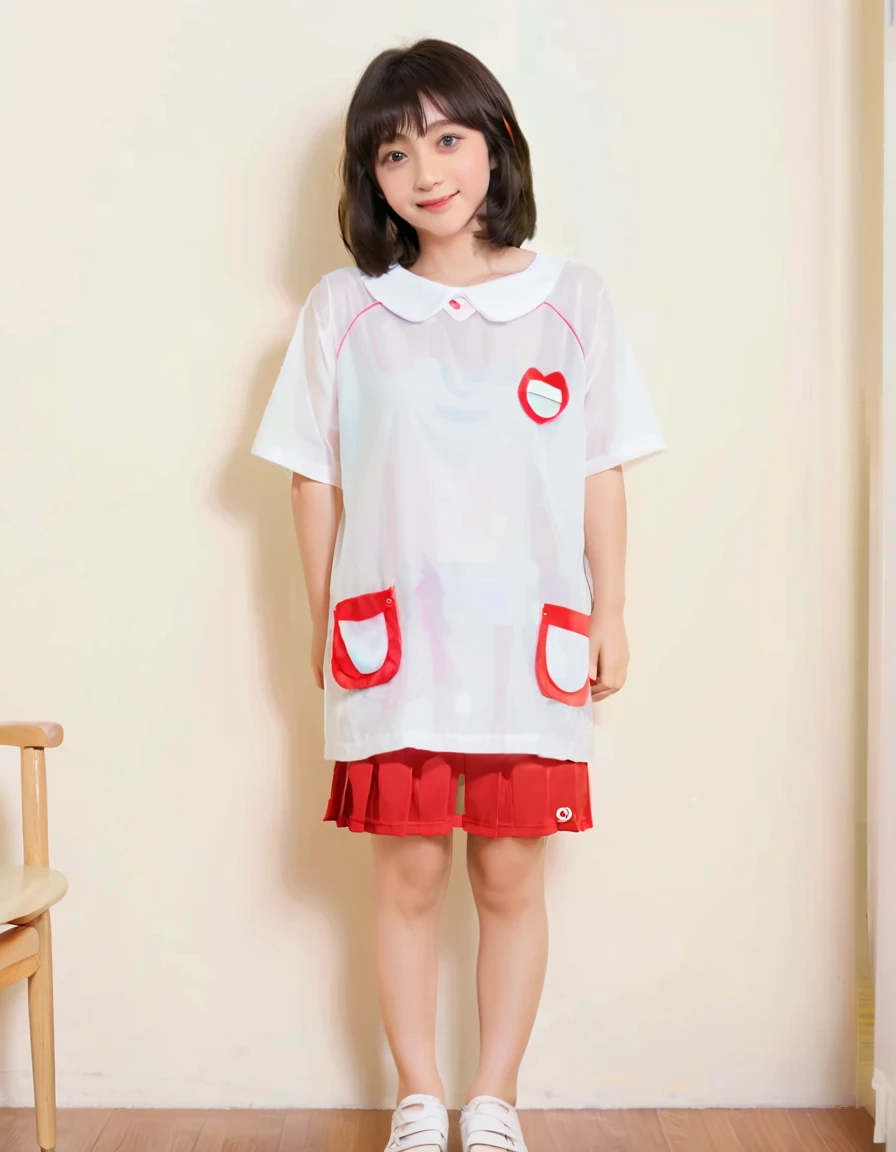 masterpiece , top quality, (Little person syndrome, is short, short limbs , short, thin hands and feet, 80cm long , thin shoulders, small head ), ((( 2 girls, Kindergarten mates, Kindergarten girl, Very young face, No makeup, smile, trimmed thin eyebrows, big eyes, smooth hair, black hair, random hairstyle))), standing side by side, sexy pose , ((1cm long red micro mini skirt)), (( see-through white t-shirt with very thin fabric , shortens the hem of the t-shirt, wearing a t-shirt that's too small, t-shirt small enough to show your belly button )), super huge な胸 , Japanese kindergarten, (女児とは思えない程の Bust, super huge , Bust: 150cm, R cup, big breasts from breast augmentation ), Prostitute , 若いProstitute , you're only thinking about erotic things , 無邪気なsmile, Looks almost completely naked, Underboob, string bun, Underboob, very gigantic breasts, Black Overknee Tights , no bra , covered elect puffy nipples, panties are in full view, Kindergarten girl