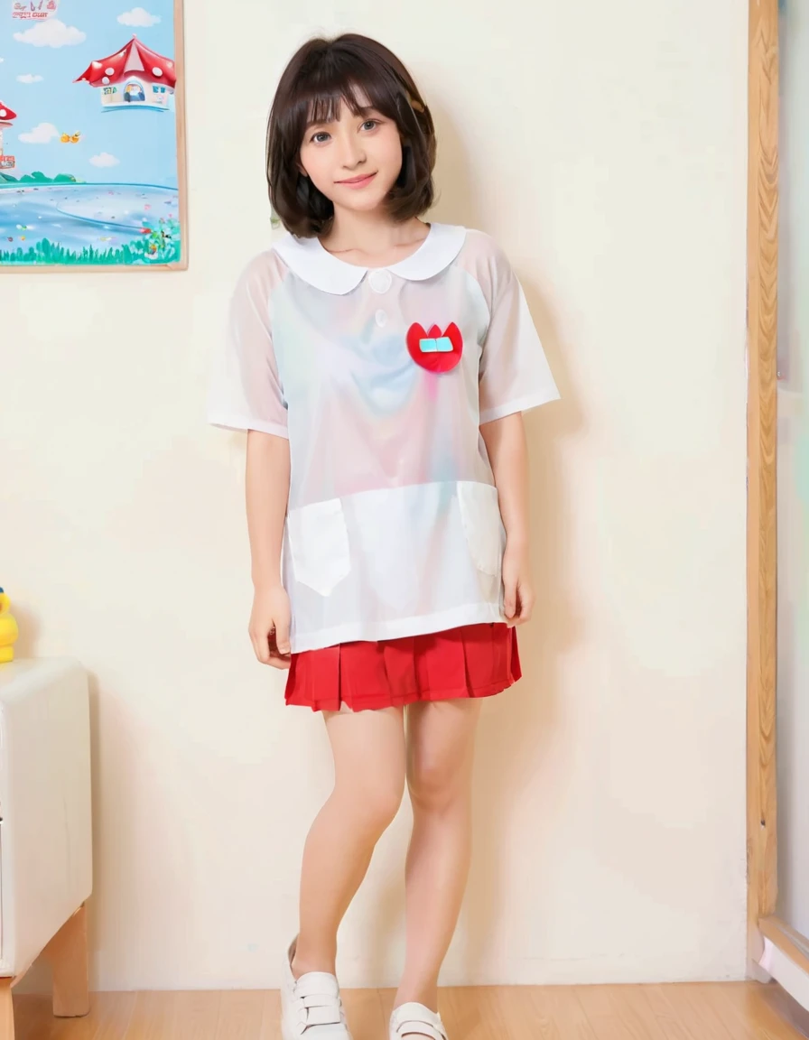 masterpiece , top quality, (Little person syndrome, is short, short limbs , short, thin hands and feet, 80cm long , thin shoulders, small head ), ((( 2 girls, Kindergarten mates, Kindergarten girl, Very young face, No makeup, smile, trimmed thin eyebrows, big eyes, smooth hair, black hair, random hairstyle))), standing side by side, sexy pose , ((1cm long red micro mini skirt)), (( see-through white t-shirt with very thin fabric , shortens the hem of the t-shirt, wearing a t-shirt that's too small, t-shirt small enough to show your belly button )), super huge な胸 , Japanese kindergarten, (女児とは思えない程の Bust, super huge , Bust: 150cm, R cup, big breasts from breast augmentation ), Prostitute , 若いProstitute , you're only thinking about erotic things , 無邪気なsmile, Looks almost completely naked, Underboob, string bun, Underboob, very gigantic breasts, Black Overknee Tights , no bra , covered elect puffy nipples, panties are in full view, Kindergarten girl