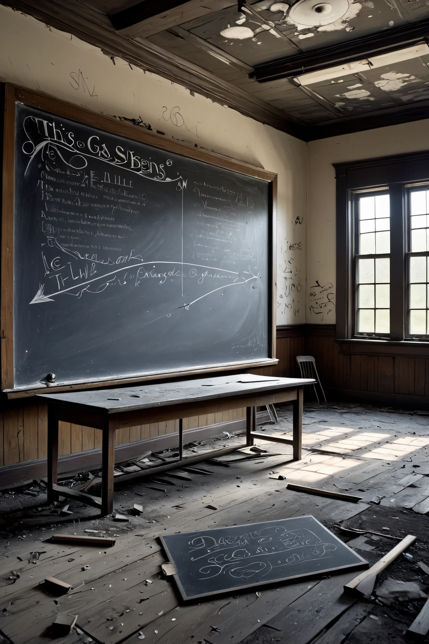 It is the middle of the night, a gray miasma, in an empty, abandoned science classroom in an abandoned school in rural 19th century America. A downward arrow is drawn on a tilted blackboard, and the following words are scrawled in punched-out letters: “This is where it all begins...” Black gas swirls on the floor of the arrow drawn on the blackboard.