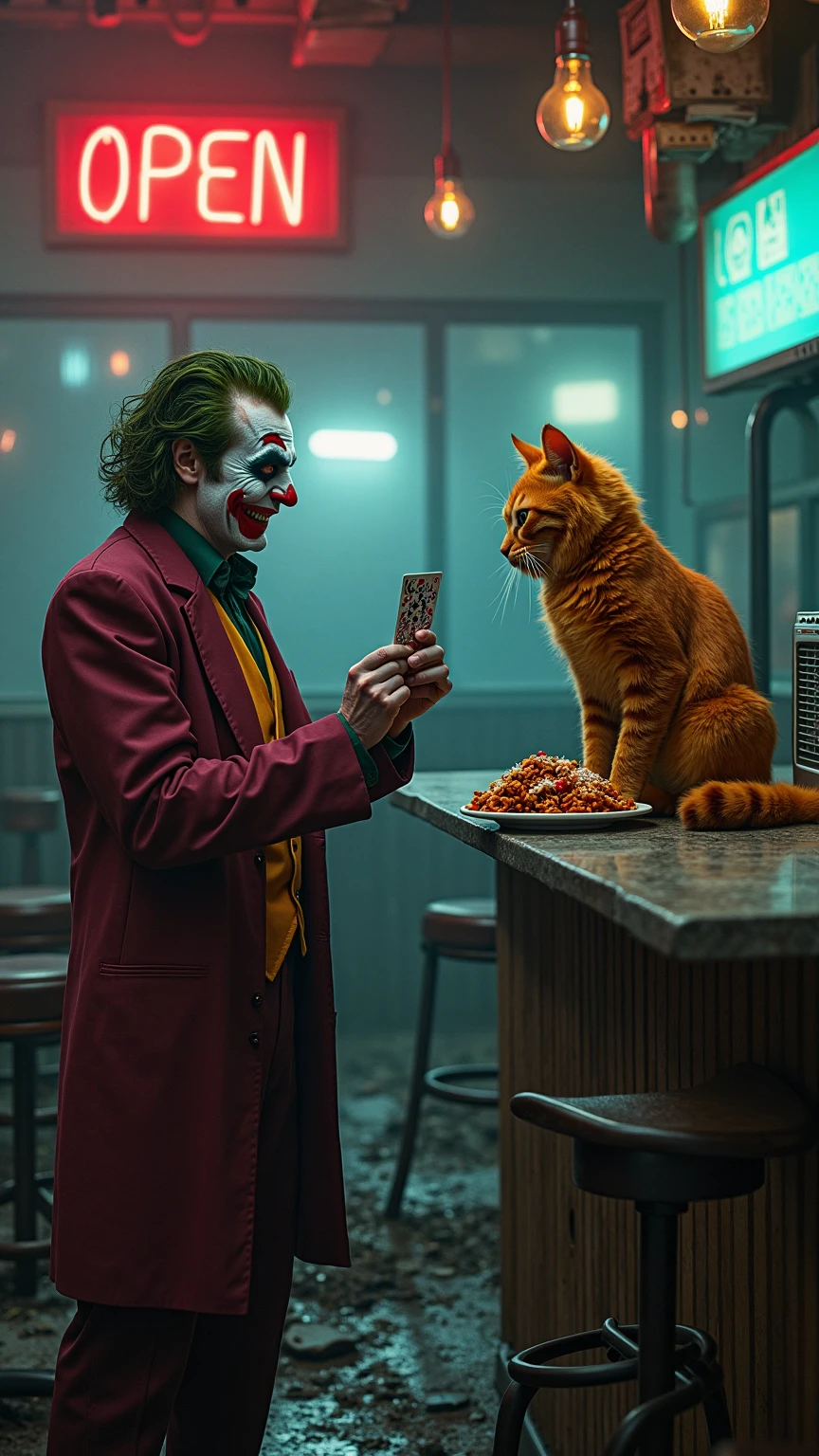 Just as the Joker reaches for the plate of fish, the kitten hisses and arches its back, trying to defend its meal. The Joker is momentarily taken aback by the kitten’s bravery, his grin faltering slightly.
