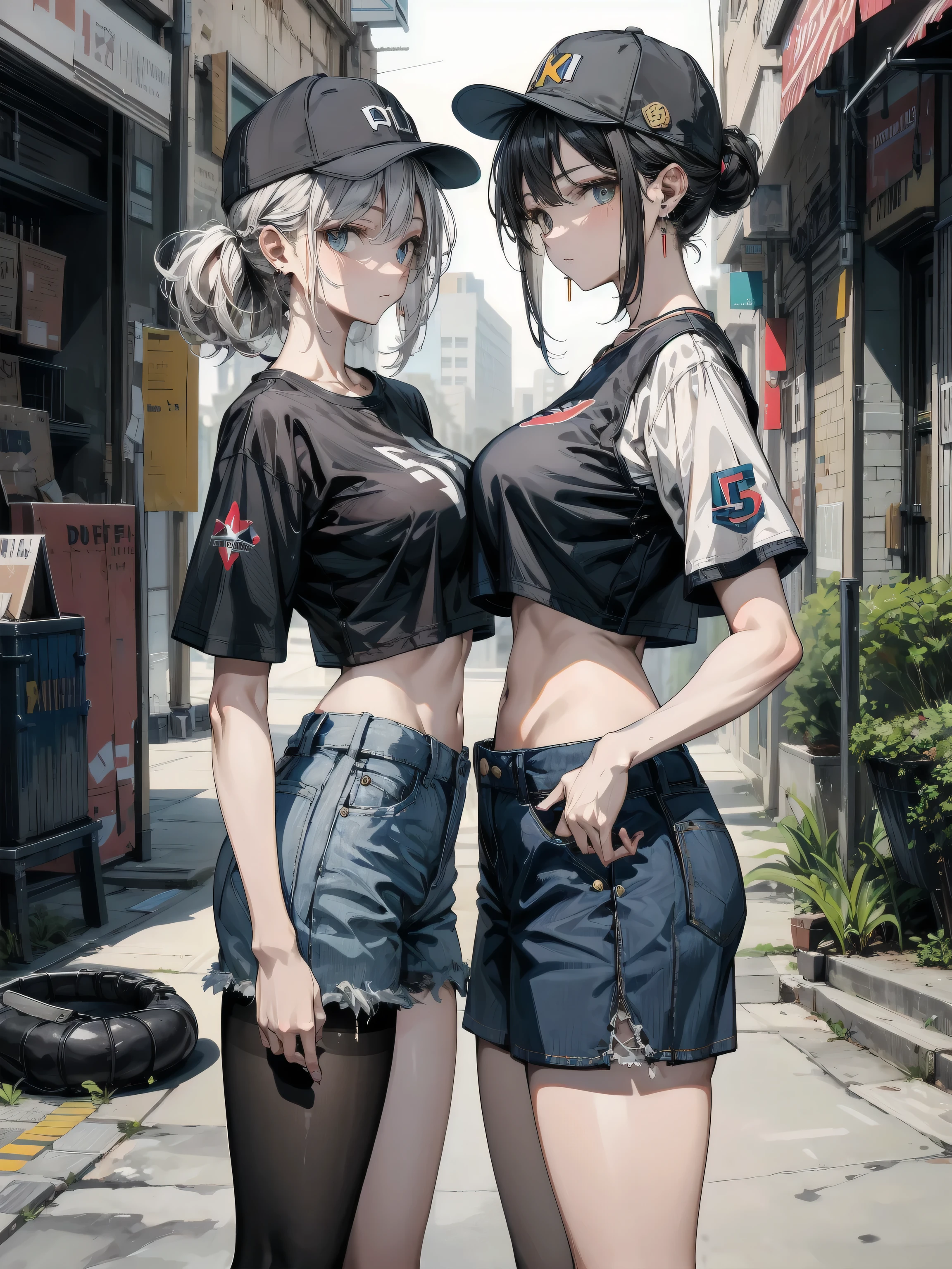 ((yuri)), ((2 girls)), absurdres, RAW photo, extremely delicate and beautiful, masterpiece, Best Quality, ultra high resolution, 32k, hyperrealistic, ultra-detailed, detailed description, perfect figure, perfect shape, perfect anatomy, pale skin, 20 years old, detailed beautiful face and eyes, tearful mole, earring, short medium hair, wavy hair, big tits, golf uniform, polo shirt, shorts,