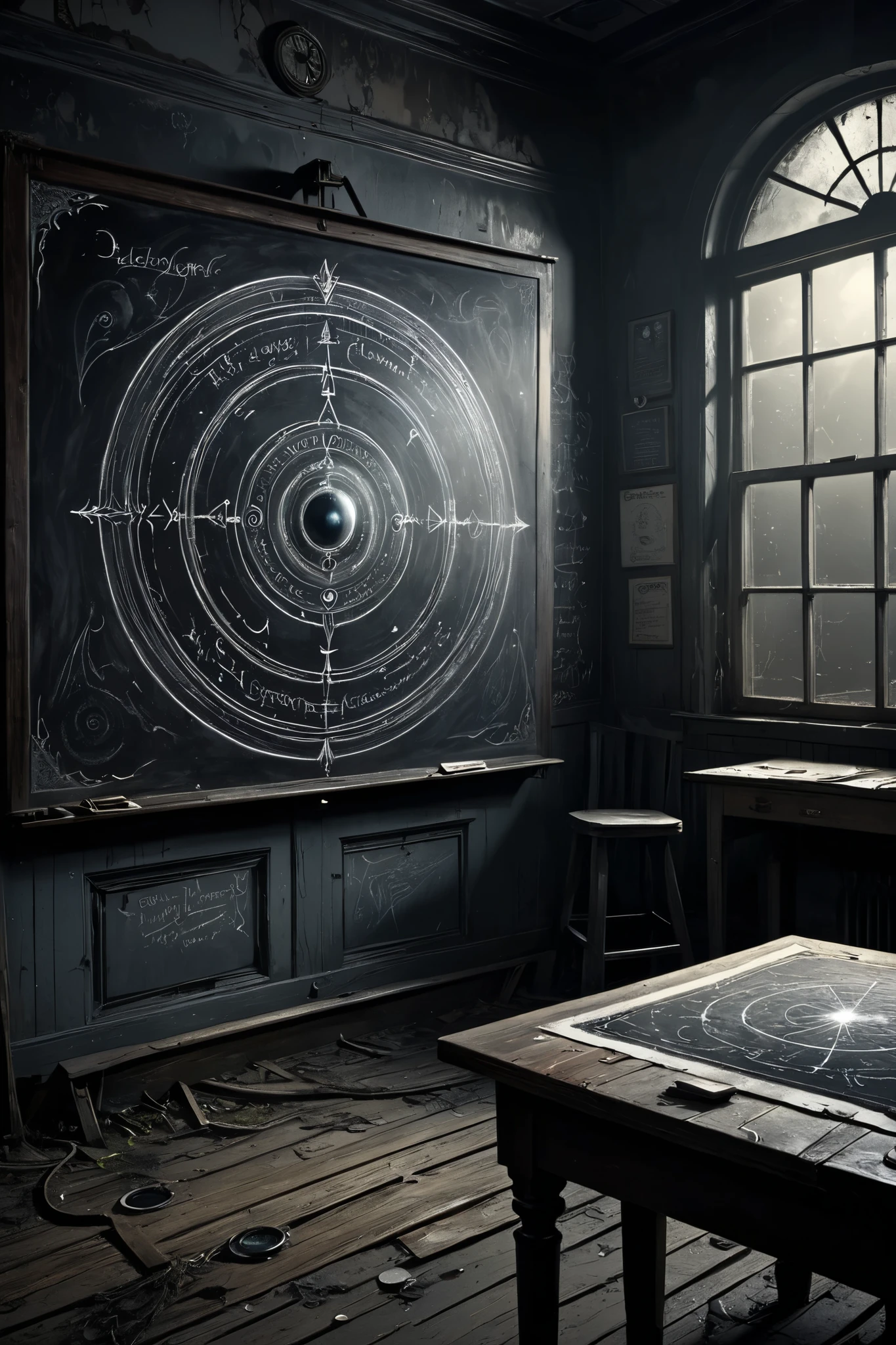 (Ultra-detailed face, Looking away, Gothic Illustration, Dark tone colors. It is the middle of the night, a gray miasma, in an empty, abandoned science classroom in an abandoned school in rural 19th century America. An elaborate black magic circle is drawn on the tilted blackboard, and a black liquid-like substance seeps out and flows down. Next to the magic circle, the following words are scribbled: “This is where it all begins...” Black gas is swirling on the floor of the arrow drawn on the blackboard.)