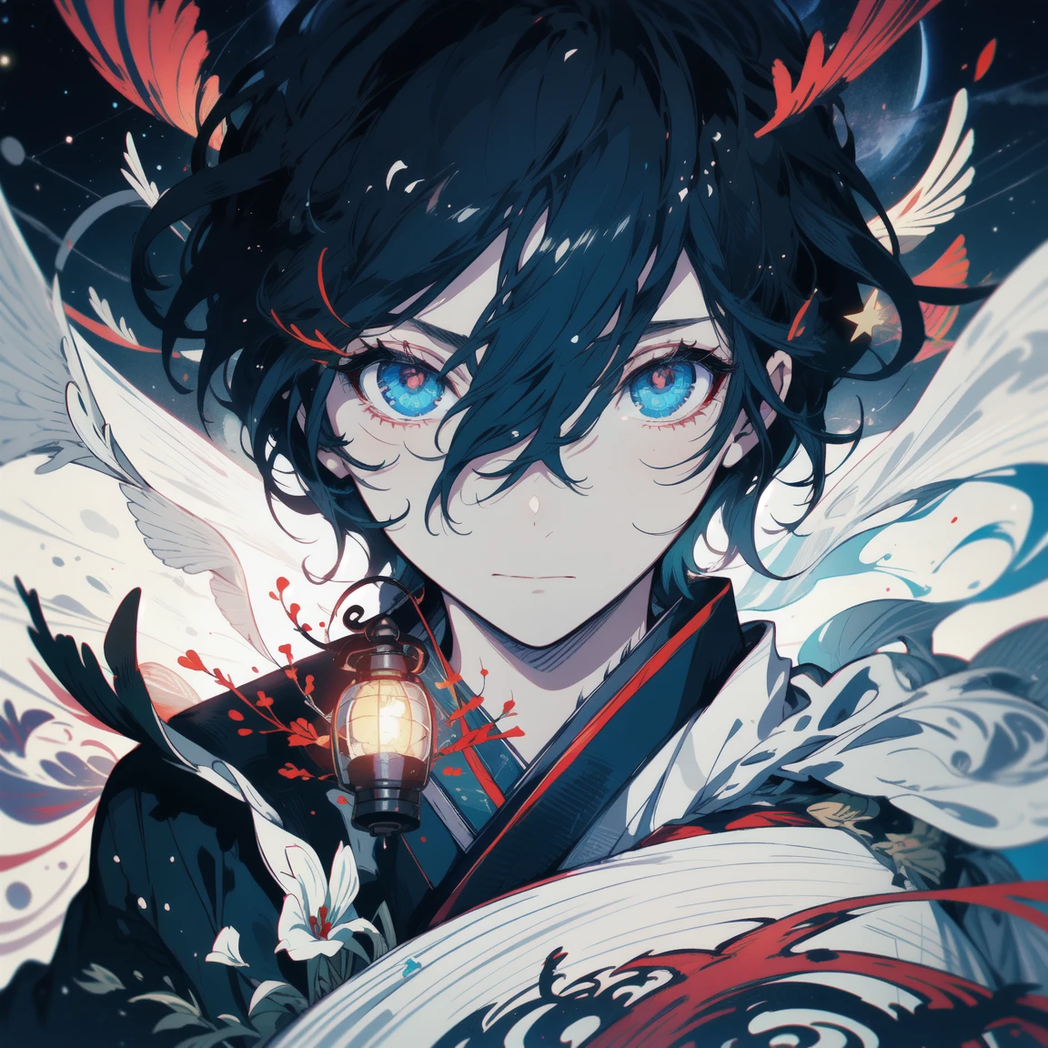 A young man with short white hair, red eyes, masculine face. Wearing a black hoodie with gray details. He is standing, looking to the side. On a center of a city. Dungeons and Dragons art direction, studio ghibli Style