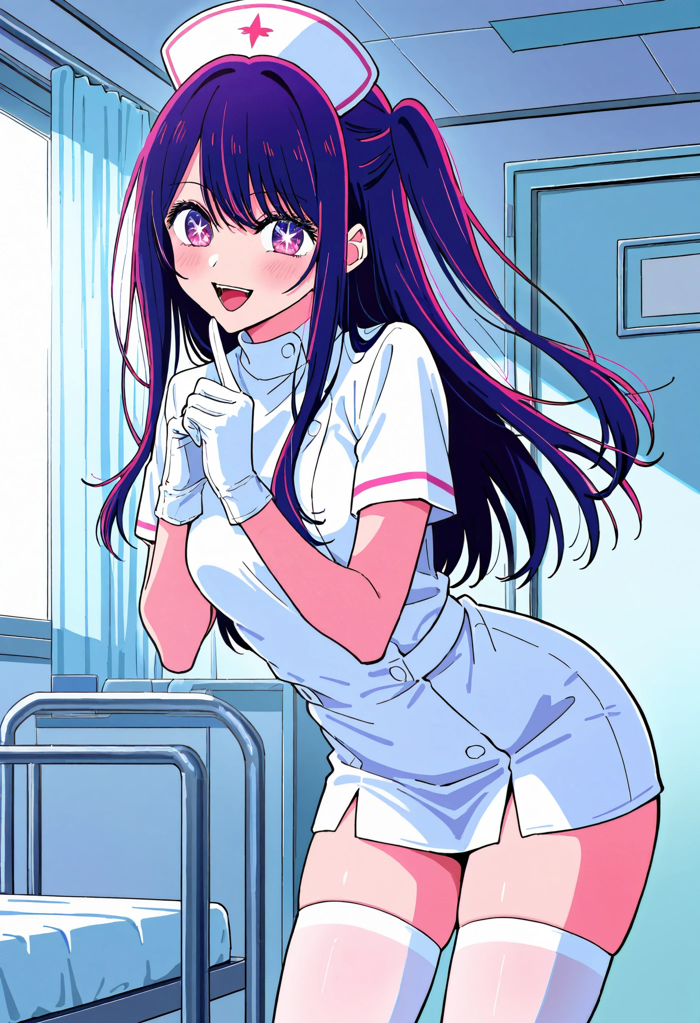 Score_9, score_8_up, score_7_up, source_anime, hoshino ai (oshi no ko), solo, long hair, bangs, purple eyes, purple hair, symbol-shaped pupils, (best quality), (high quality), {masterpiece}, extremely delicate and beautiful, ultra-detailed, beautiful detailed eyes, nurse, nurse hat, ((white nurse's outfit)), white gloves, white legwear, zettai ryouiki, hospital room, smile, open mouth, standing
