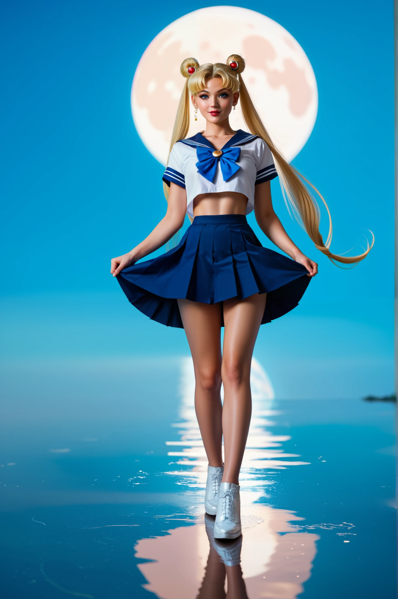 (Ultra High Quality) (handdraw) huge-breasted,Sailor Moon stands on a reflective surface、Bright white moon in the distant sky. Her skirt is blue、Her top is a white and blue  top. Her blonde hair is finished with two very long ponytails