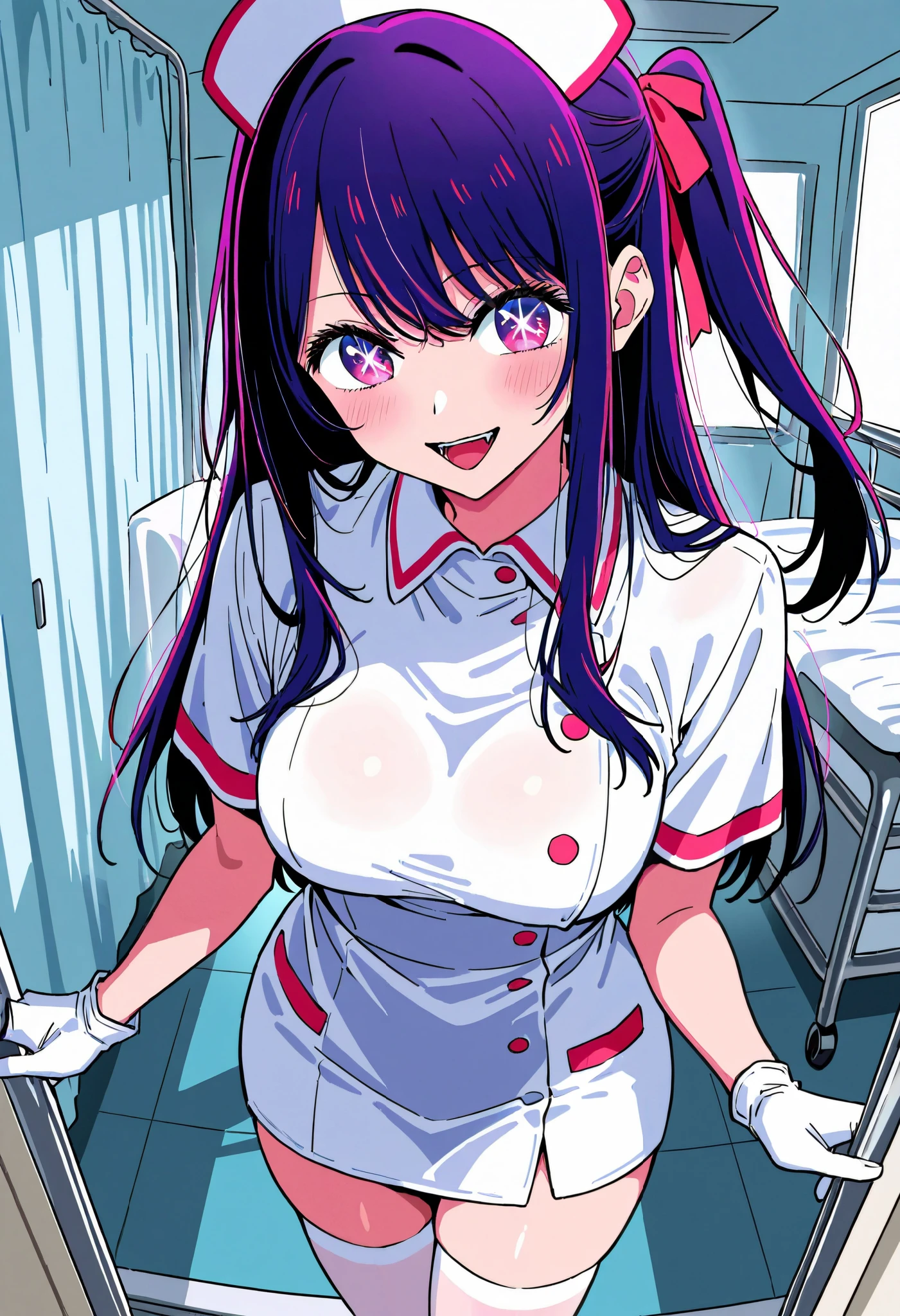Score_9, score_8_up, score_7_up, source_anime, hoshino ai (oshi no ko), solo, long hair, bangs, purple eyes, purple hair, symbol-shaped pupils, (best quality), (high quality), {masterpiece}, extremely delicate and beautiful, ultra-detailed, beautiful detailed eyes, nurse, nurse hat, ((white nurse's outfit)), white gloves, white legwear, zettai ryouiki, hospital room, smile, open mouth, standing