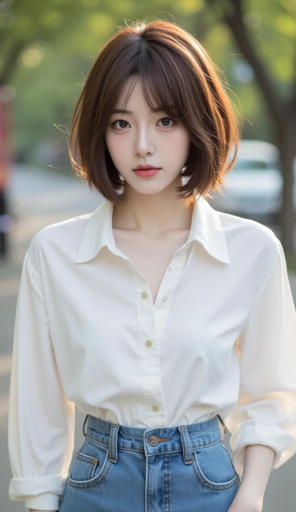 Japanese idol, 19 years old, Natural make up, (detailed skin:1.2), 8k,best quality, masterpiece, ultra high res, (photorealistic:1.4), RAW photo, brown hair, medium hair, asymmetrical hair, asymmetrical bangs, (collared white shirt, slit tight skir:1.2),