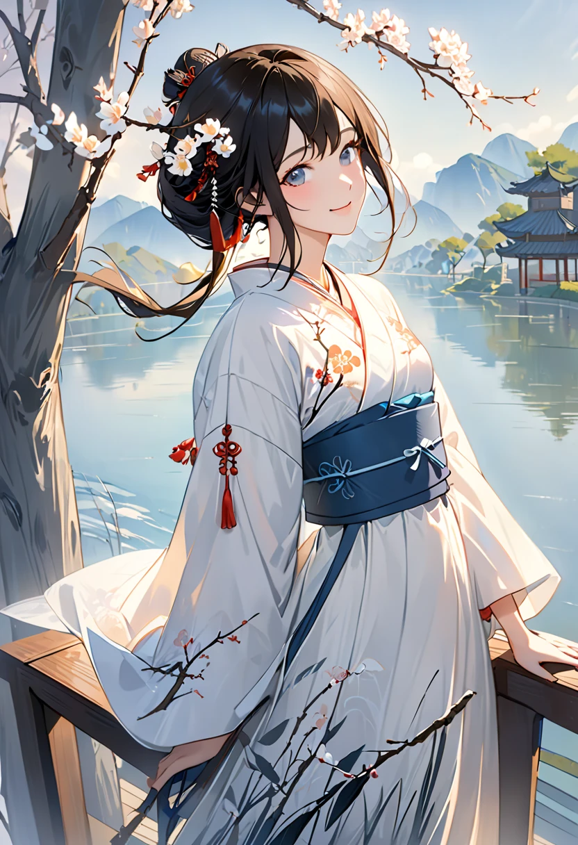 ((tachi-e)), original,(illustration:1.1),(best quality),(masterpiece:1.1), (extremely detailed CG unity 8k wallpaper:1.1),(ecchi0.5), (trees:0.5), (flowers:0.6) ,(birds:0.2), (bamboo0.1), lakes,(panorama shot:1.4),(full body:1.05),(solo:1.2), (ink splashing),(color splashing),((watercolor)), clear sharp focus,{ 1girl },((chinese style )),(flowers,woods),outdoors,rocks, looking at viewer, make happy expressions,soft smile,pure,beautyfull detailed face and eyes,beautyfull intricacy clothing decorative pattern details, black hair,black eyes,Hangzhou, wuchangshuo, wuchangshuo in background,erjie, <lora:Threesister-erjiev2:0.8>,<lora:moxin_1010:0.2>,((arms behind back)),sitting,