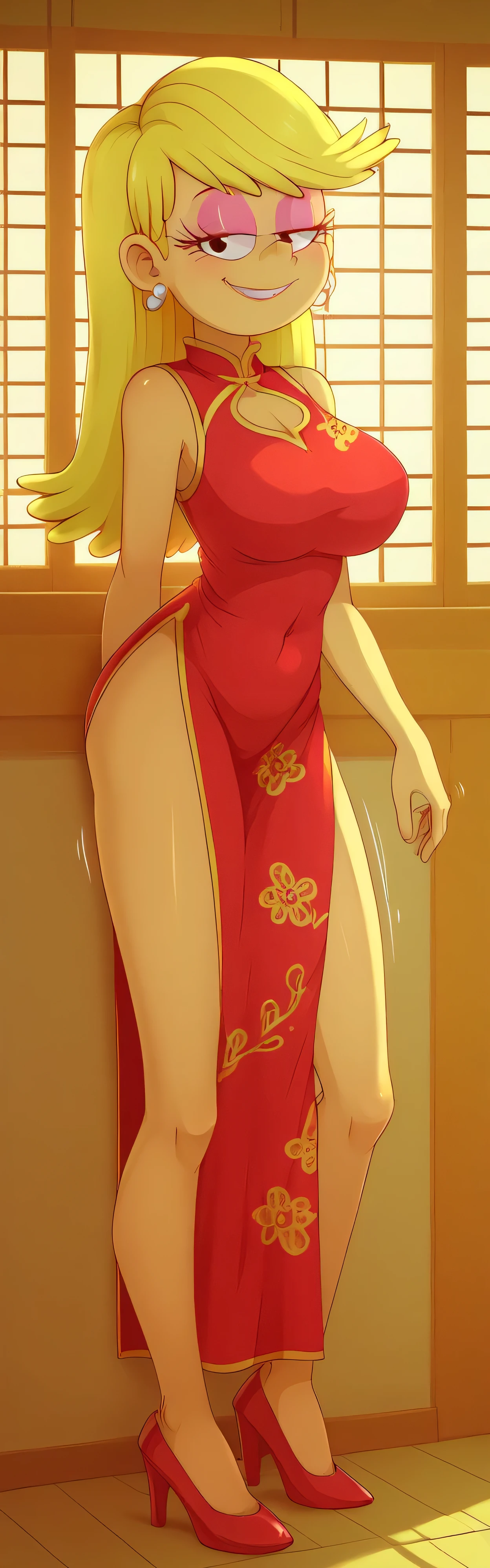 safe_pos, score_9, score_8_up, score_7_up BREAK blonde hair, long hair, earrings, pink eyeshadow, lola loud, the loud house, BREAK large breasts, BREAK looking at you, red cheongsam, inside of a chinese temple, full body view, smile, sexy pose, half closed eyes, seductive eyes, pursed lips, motion lines, chest window, red high heels, standing