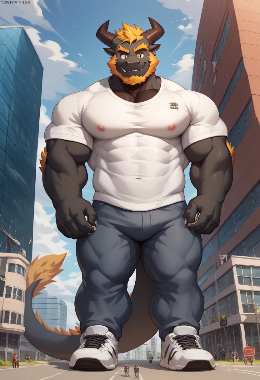 masterpiece, Anthropomorphic black dragon, White belly,There is a pair of beautiful dragon horns.., Black Dragon Scales,1 tail, very muscular body, Nice, Shorts only, office worker 8 toned abs Great arm muscles good looking whole Face down on the bed Pull down your pants Between the legs Long trousers