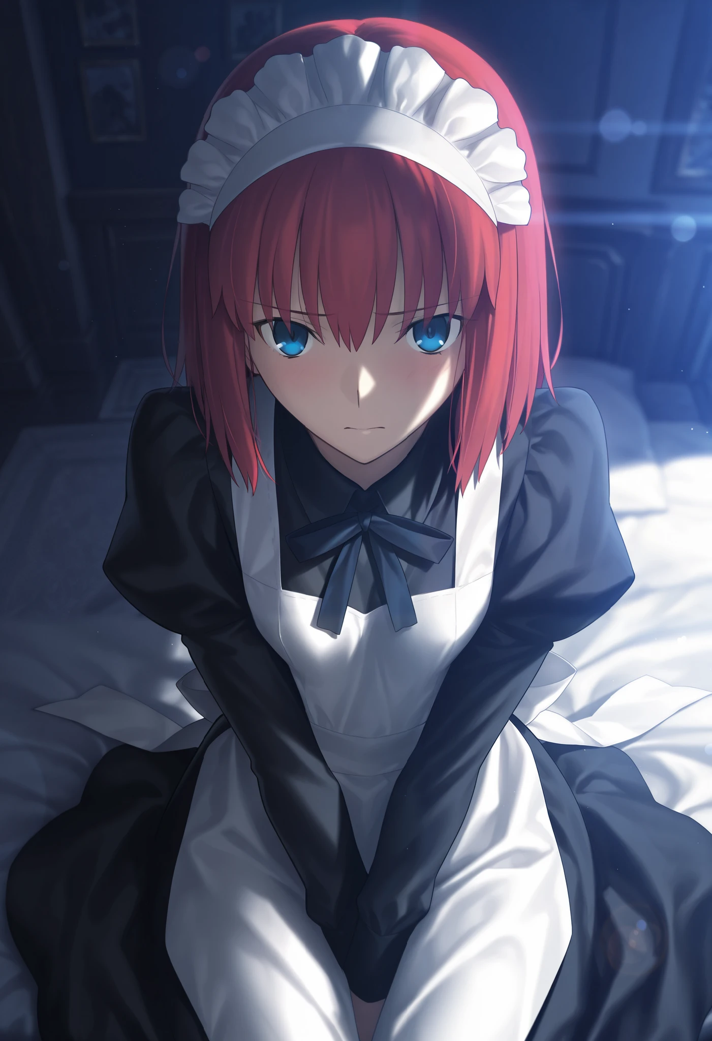 masterpiece, , absurdres, highres, detailed background, high resolution, masterpiece, necessary, detail, best quality, quality, necessary, details, High details, Precise, dark, indoors, lens flare, blurry background, midnight , blue hour, from above,
1girl, , Takeuchi Takashi (type-moon,fate) style, takeuchi takashi style,
tall girl, toono akiha(tsukihime), red hair, bangs, medium hair, blue eyes, half eyes closed, maid headdress, (tsurime), sitting ,
(black dress long shirt, white apron) , embarrassed, small breast, flat chest, looking at viewer,