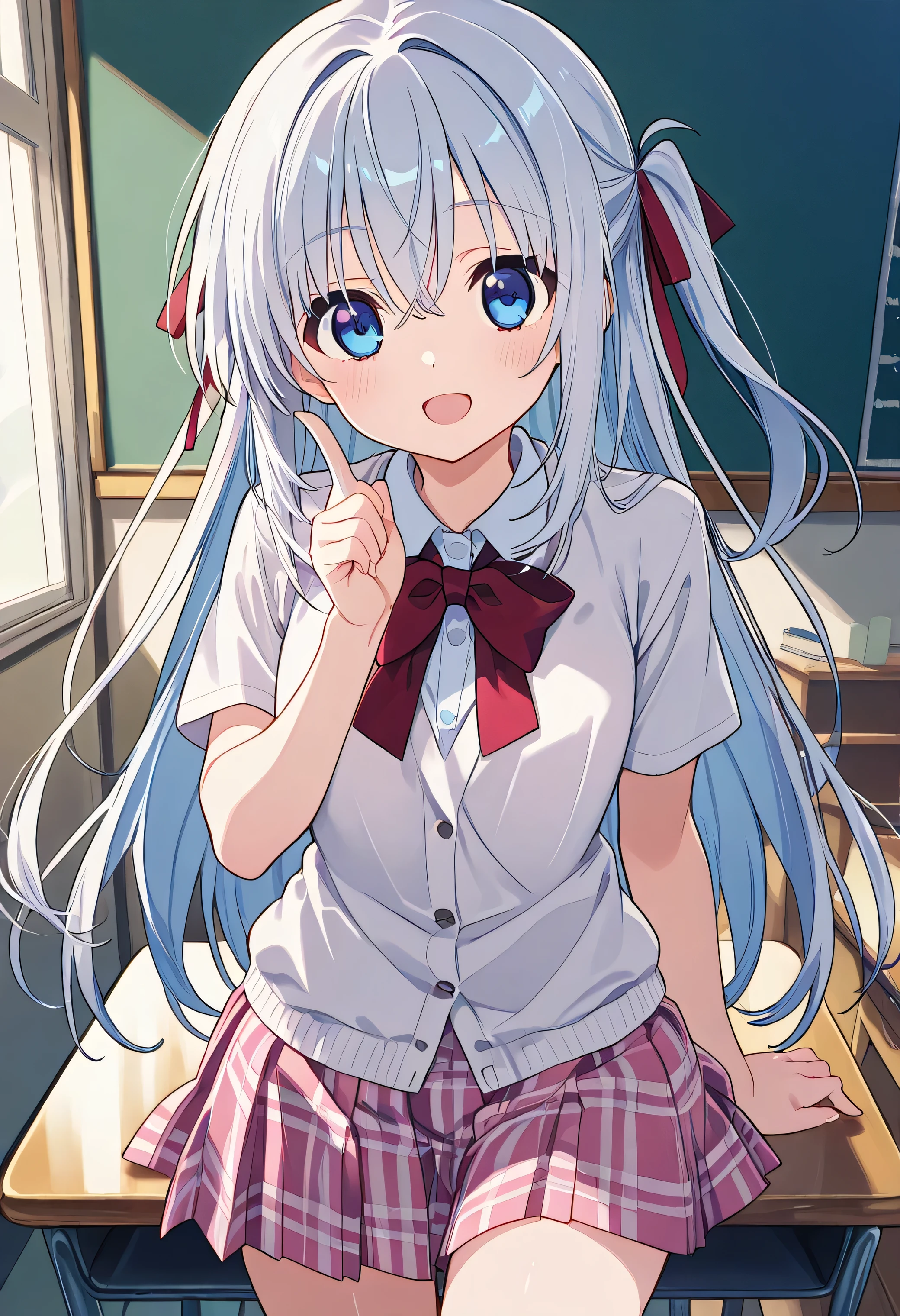(white panties visible)、wearing a Japanese sailor uniform。has big shining eyes and delicate facial features、sitting on the floor holding one knee。wearing a classic Japanese sailor suit。warm light shining into the classroom at dusk creates long shadows。Her expression is gentle、somewhat nostalgic。short, fluffy hair、slightly swaying in the breeze。Wooden desks and chairs lined up、has a calm nostalgic atmosphere。Ultra High Definition、Soft Lighting、Cinematic Composition、realistic texture。