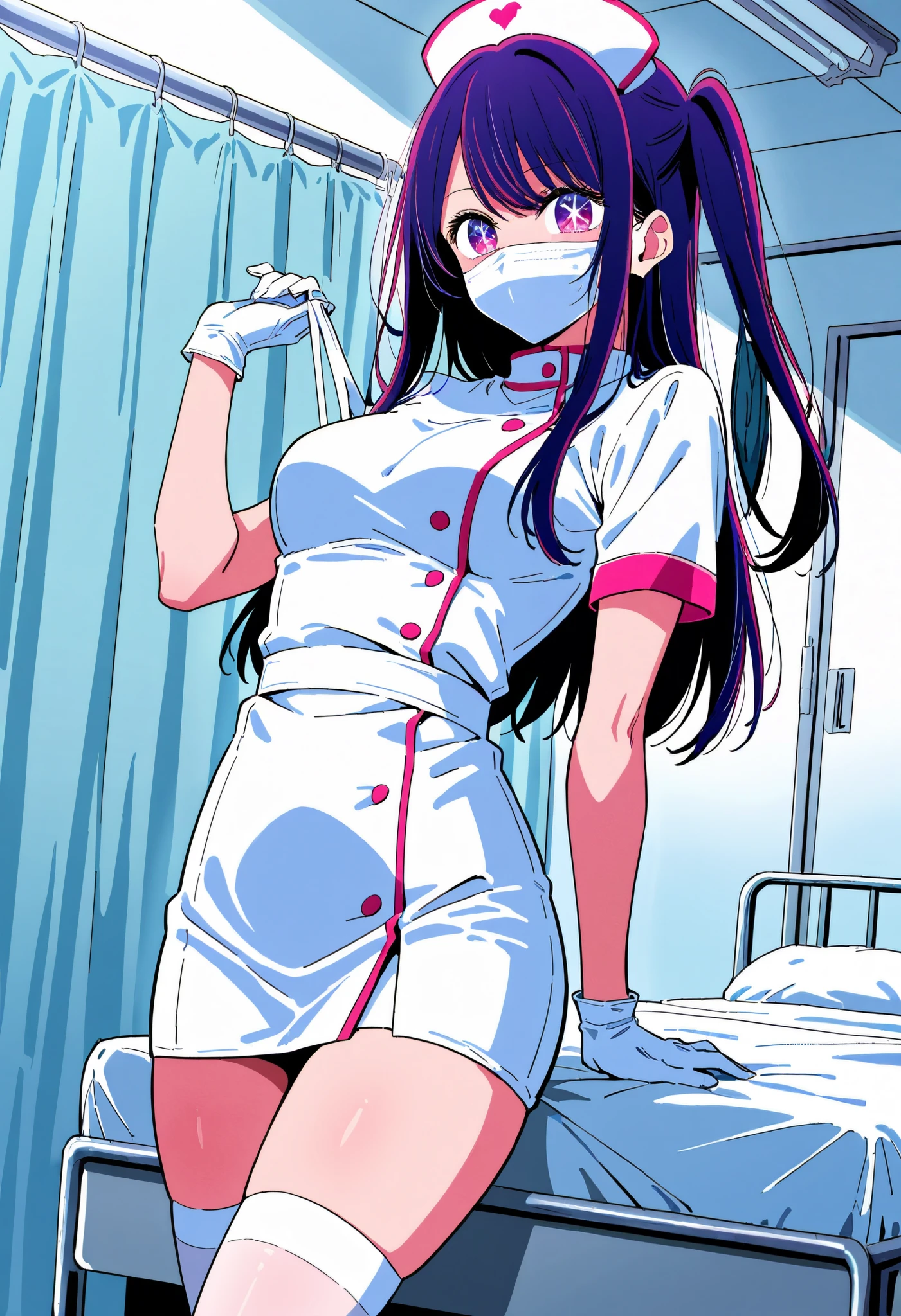 Score_9, score_8_up, score_7_up, source_anime, hoshino ai (oshi no ko), solo, long hair, bangs, purple eyes, purple hair, symbol-shaped pupils, (best quality), (high quality), {masterpiece}, extremely delicate and beautiful, ultra-detailed, beautiful detailed eyes, nurse, nurse hat, ((white nurse's outfit)), white gloves, white legwear, zettai ryouiki, hospital room, ((white mask, mouth mask, covered nose)), standing