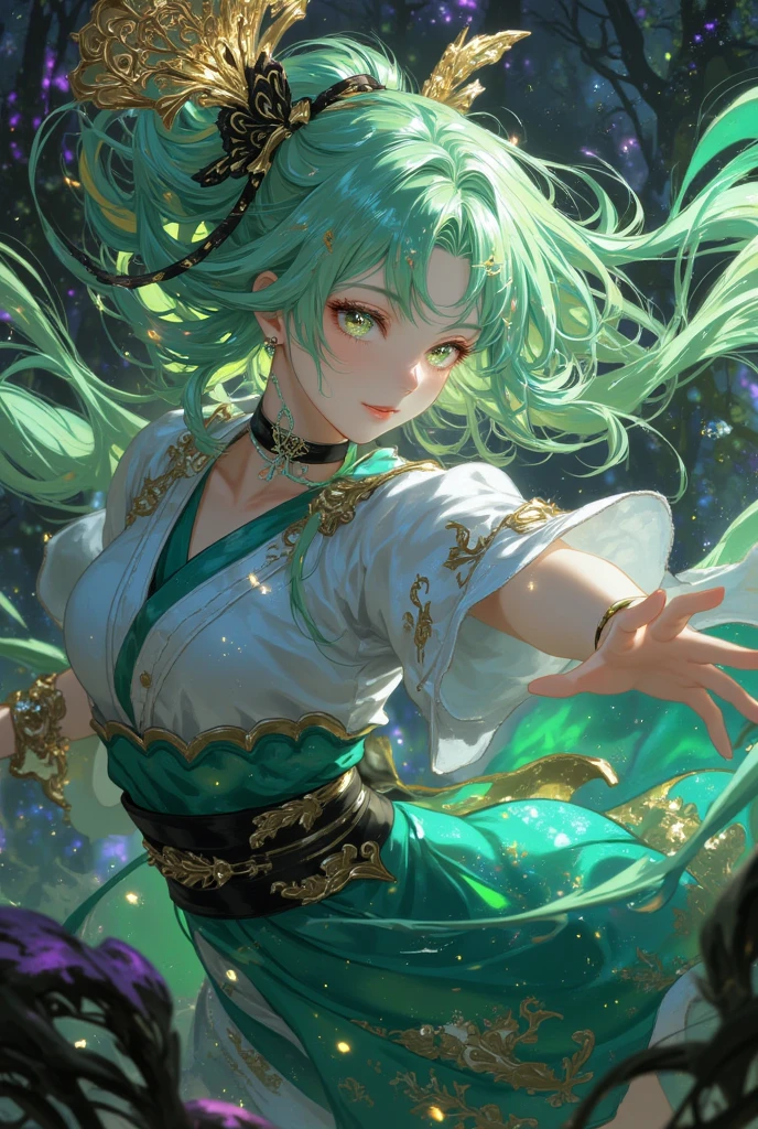 (perfect anatomy, masterpiece:1.2, best quality, 8k, beautiful detailed grow, daydreaming expression), break, panoramic-view ((beautiful night sky starry:1.2 sky and half moon)) in the hill, (solo ponytail green hair long hair cute girl, 14 yo, detailed yellow eyes, in a nighat robe, blushing smile, look up to sky.