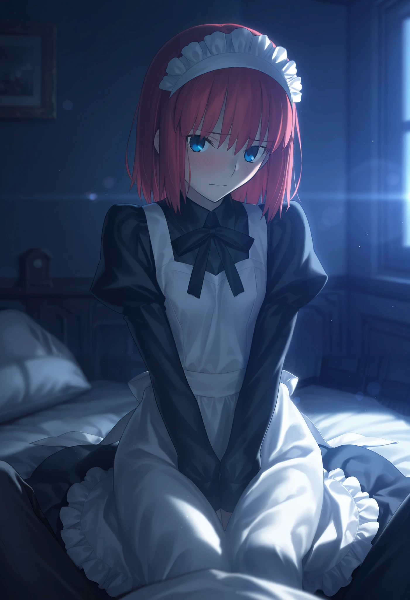masterpiece, , absurdres, highres, detailed background, high resolution, masterpiece, necessary, detail, best quality, quality, necessary, details, High details, Precise, dark, indoors, lens flare, blurry background, midnight , pov, blue hour,                                            
                                                                                                                                                                                                                         1girl, , Takeuchi Takashi (type-moon,fate) style, takeuchi takashi style, 
   
tall girl, toono akiha(tsukihime), red hair, bangs, medium hair,  blue eyes, half eyes closed, maid headdress, (tsurime), sitting ,
(black dress long shirt, white apron) , embarrassed, small breast, flat chest, looking at viewer, 
