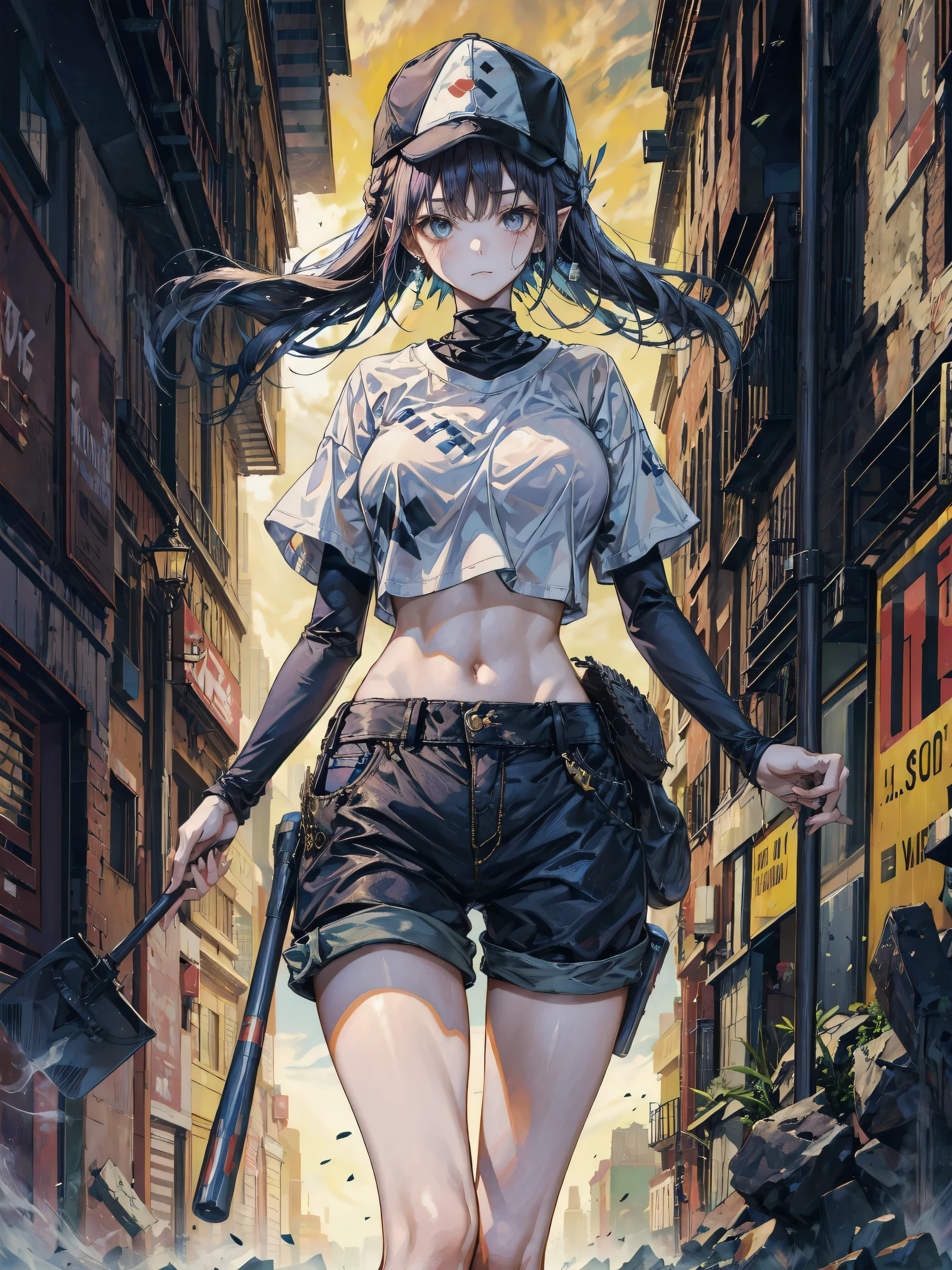 Beautiful woman with wavy hair, delicate and charming eyes, thigh notch, sexy long legs, t-shirt in small shorts, beautiful futuristic cyberpunk + city, mist, damp, rain, best quality masterpiece, realistic, detailed, 8k, HDR, shallow depth of field, wide light, high contrast, backlight, flood, flash, chromatic aberration, sharp focus, RAW color photo