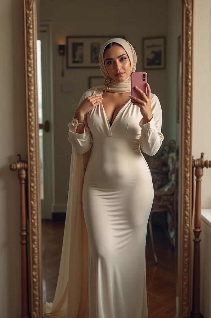 ((best quality)), ((masterpiece)), (detailed), perfect face Beautiful Moroccan girl white skin wearing religious hijab dressdrinking moroccan tea with a pot. hourglass body shape