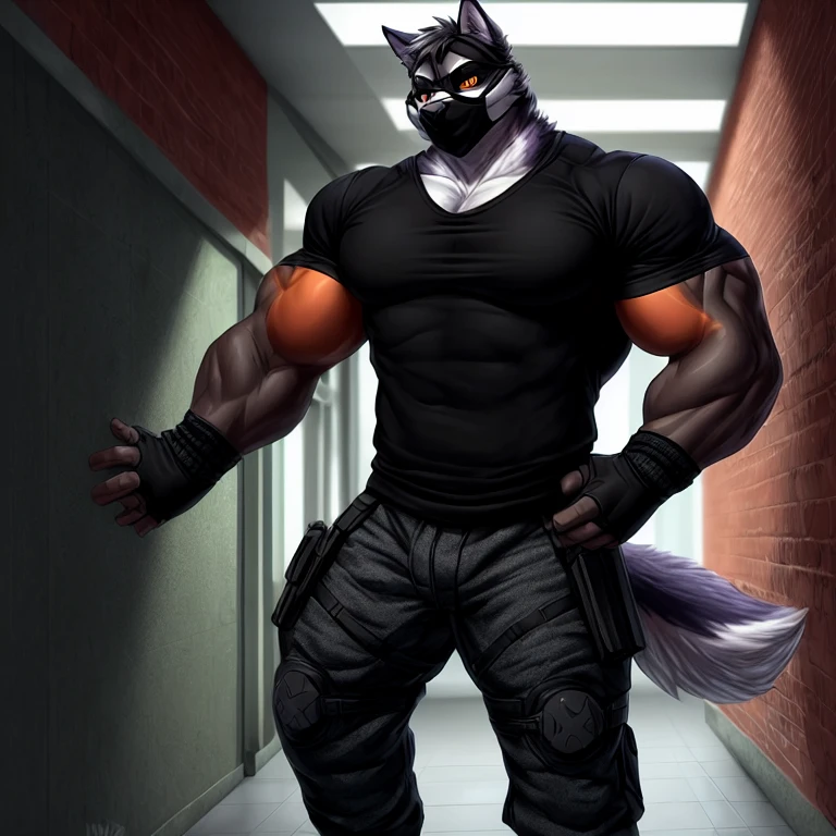 (upload on e621), (((black arm band with buckles on biceps))), (((black arm band with buckles on forearms))), (((hips straps))), (Masterpiece), (best quality), (ultra high res), 4K, (8k HD), 2D, (perfect anatomy), (digital art), (official art), (extreme detailed), (ultra detailed), (strapsanime), color, (soft shading), (sharp focus), (((inside gym fitness background))), 1man, black body fur, (((black muscular arms))), white pecs and belly, detailed fluffy fur, (ultra detailed face), detailed eyes, detailed iris eyes, detailed blue eyes, white sclera, black pupils, navel, square chin, (((abs))), (((pectoral))), (((flexes muscles pose))), (((black claw nails))), furry husky male, mature male, (((giant size))), (((macro size))), (((full body))), (((black giant bulky muscular body fur))), canid, (((huge black nipples))), (huge muscles), (((hyper muscles))), (((huge pecs))), (((oversize pecs))), (((giant biceps))), canine, canis, mammal, black husky, (((powerful husky))), husky male, fierce face, serious expression, husky anthro, solo, standing, (((black long hair))), (((perfect fingers))), (((five fingers))), (((white hands and fingers))), (((wearing fingerless black leather gloves))), (((wears black leather fingerless gloves))), (((wears black arm band with buckles on biceps))),  (((wears black arm band with buckles on forearms))),  (((hip straps))), (((wear necklaces three wolf teeth pendant))), (((black and white underside long husky tail))), (((gray long pants with straps on both legs)))