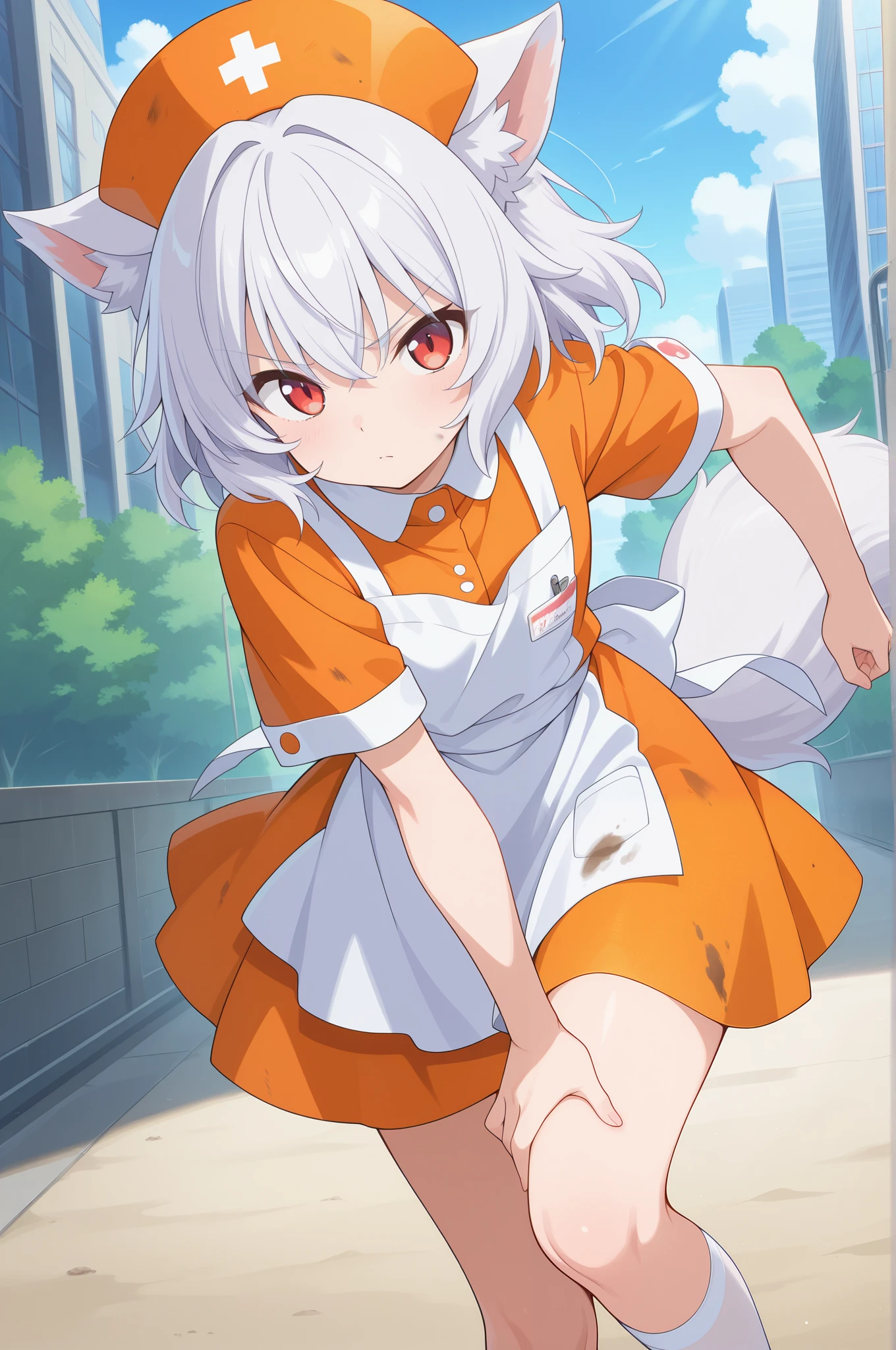 Absard dress that makes your head explode, High Resolution, masterpiece, best quality, great quality, Official Anime Artwork, screen cap, anime screen cap, outdoor, viewers, Serious, dynamic pose,
maple Inuwasu , 1 girl, Alone, Red Eyes, white hair, short hair, Wolf ears, Wolf's Tail ,, orange headdress, Meatball, white knee high, Nurse, Short sleeve, dirty clothes, orange shirt, orange dress, white apron,