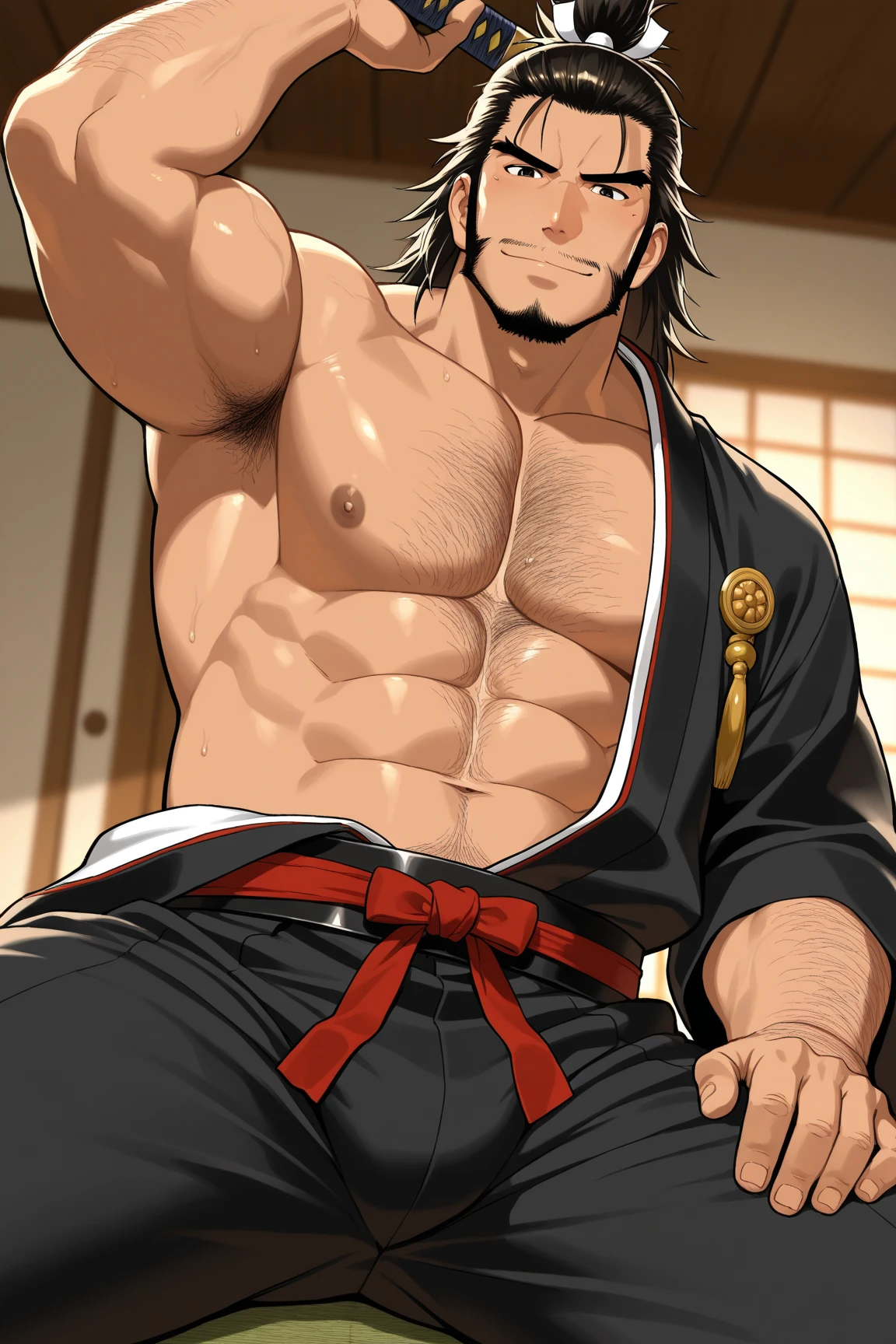 Close-up of a man in red underwear sitting on a table, SFW version, Beef Cake Pose, male art, honest, gigachad muscular, koda kazuma, inspired by Torii Kiyonobu I, (sfv) safe to work, at pixiv, kazuma kaneko, commission for high resolution, muscular male hero