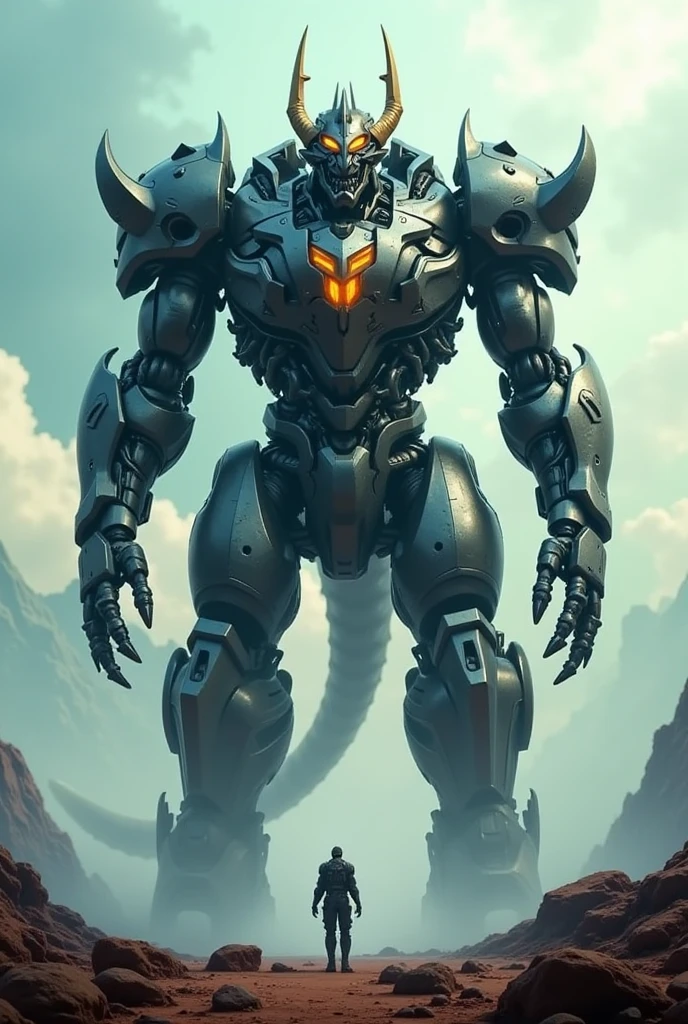 standing far away from the camera、The giant Grimlock has been upgraded、Standing surrealistically.
Not a person、Grimlock is a dinosaur-shaped transformer、T-REX