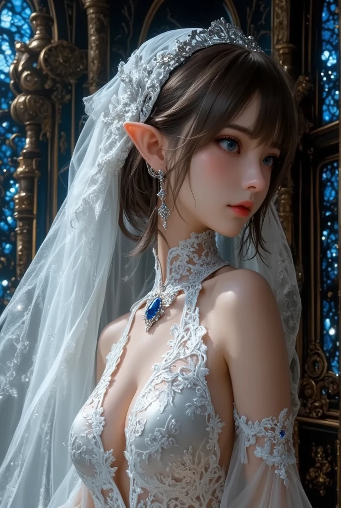 (European medieval manor:1 silver-haired girl,sliver long hair, Kneeling pose), tmasterpiece, best qualtiy, RAW photogr, realisticlying, the face, Incredibly Ridiculous res, Beautiful elf beauty, ear studs, (Long silver hair),(Light yarn wedding dress),(Tulle dress long),Conservative attire,stocklings,(Ribbon heels+),depth of fields, A high resolution, ultra - detailed, filigree, RAWE is very detailed, very detailed eyes and faces, Sharp pupils, realistic pupil, tack sharp focus, cinmatic lighting,full bodyesbian,Bigboobs,long leges,From the front side,dynamicposes