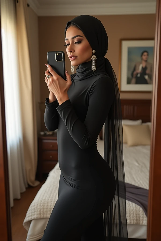 beautiful girl in hijab, perfect fit body,small gorgeous eyes, Soft smile,beutiful face,thick thighs, eye liner, long train dress, perfect shape body,beautifull nose, walk into bed, satin, hijab, clear nipple, full body photo, floor sweep sexy gown, mermaid dress georgeus long